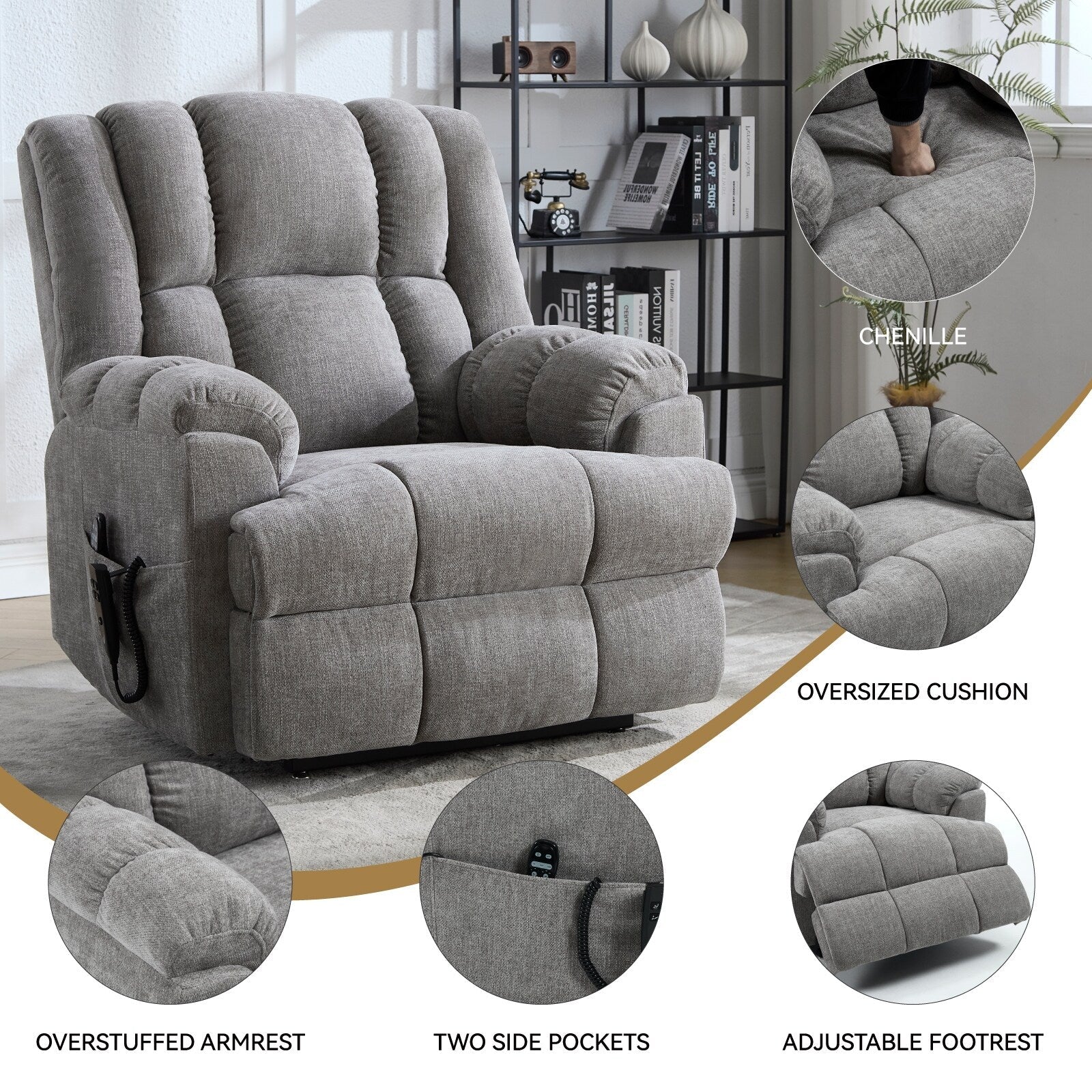 Oversized Chenille Power Lift Recliner Chair with Massage and Lumbar Heating, Infinite Position Reclining