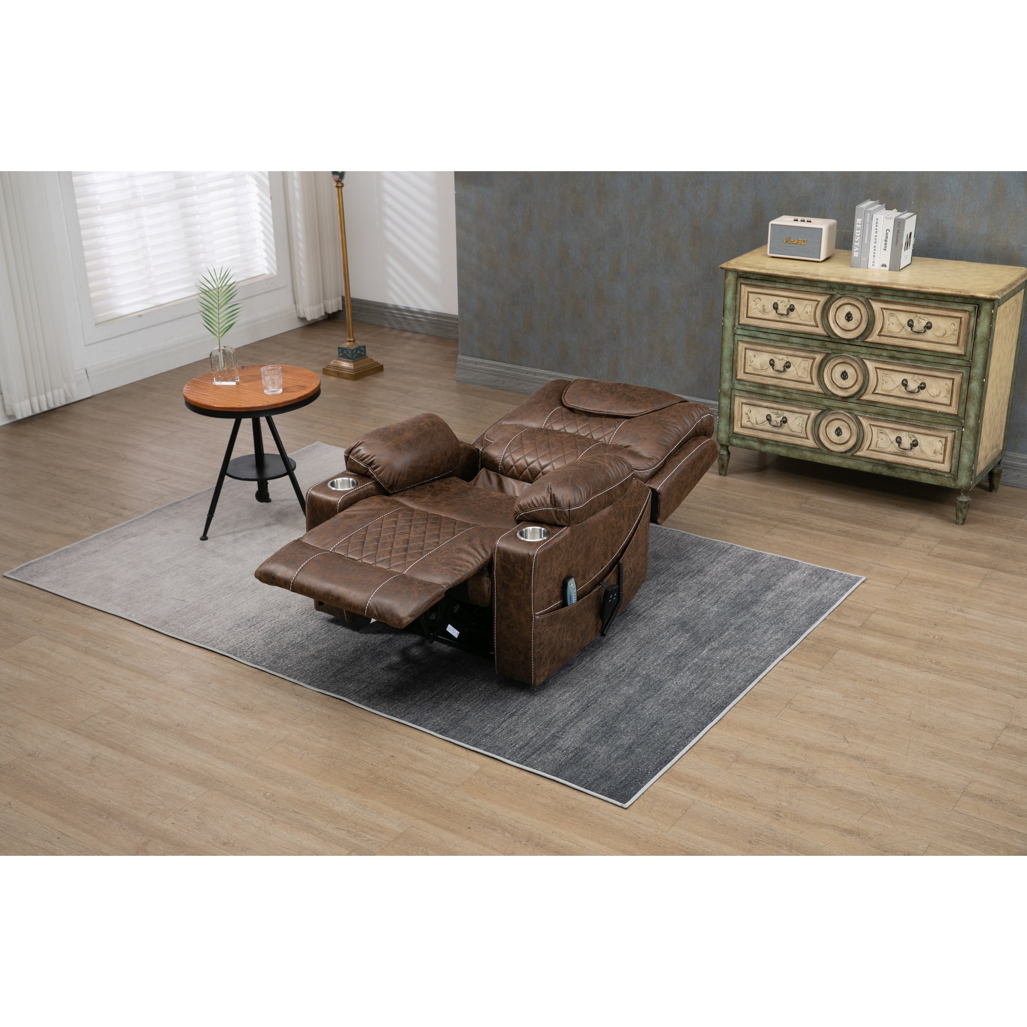 Oversized PU Leather Power Lift Recliner with Massage, Lumbar Heating, Cup Holder, 180° Flat Lay