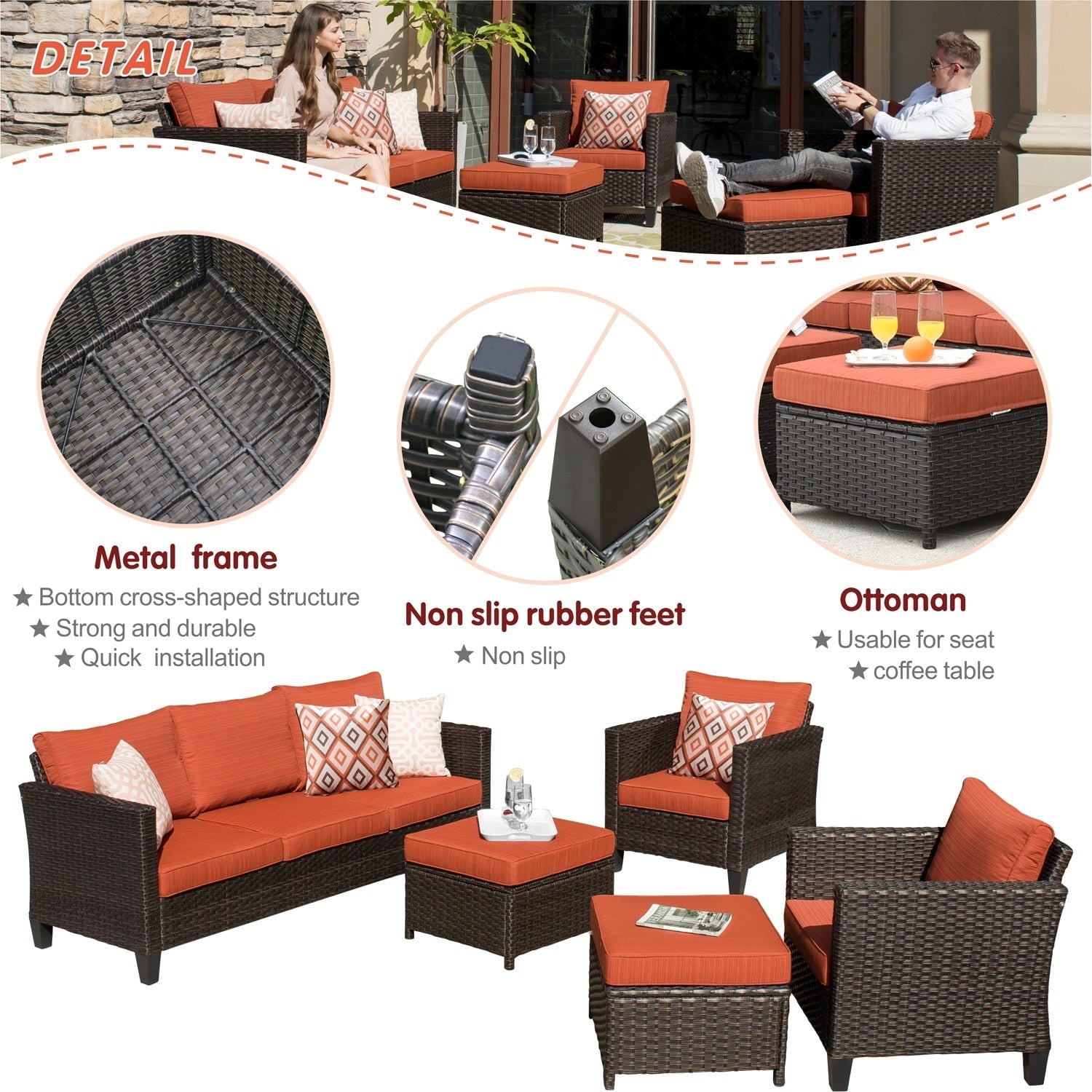 OVIOS 5-piece Patio Furniture Wicker Outdoor High-back Seating Set