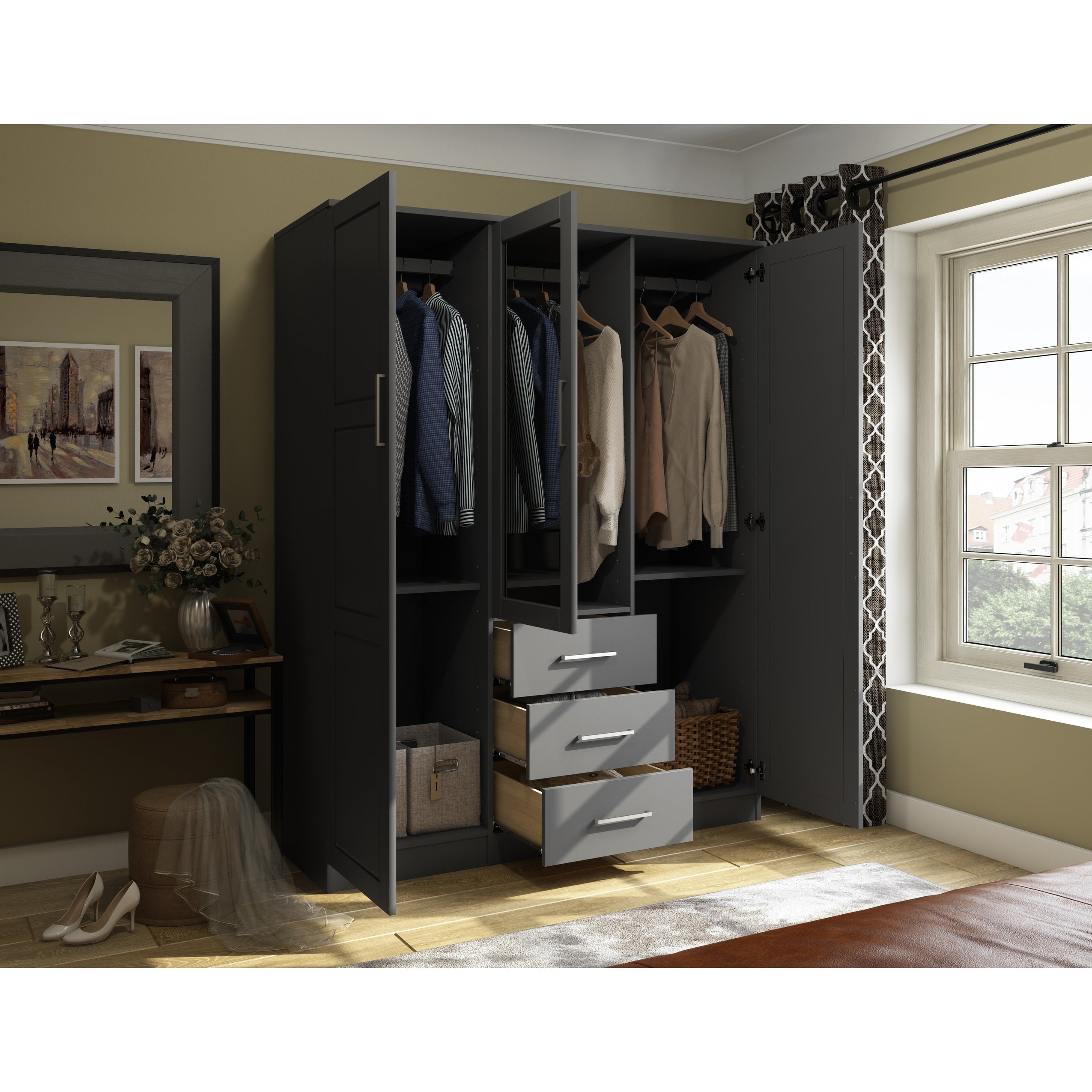 Palace Imports 100% Solid Wood Cosmo 3-Door Wardrobe Armoire with Solid Wood or Mirrored Doors