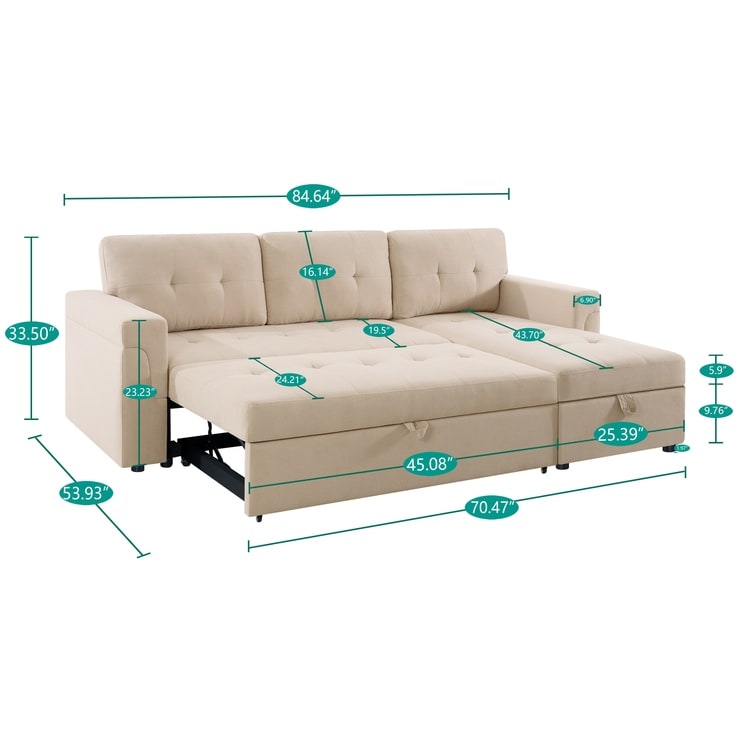 Reversible Sectional Sofa with Pull-Out Sleeper Bed, Hidden Storage Chaise, Durable Legs,