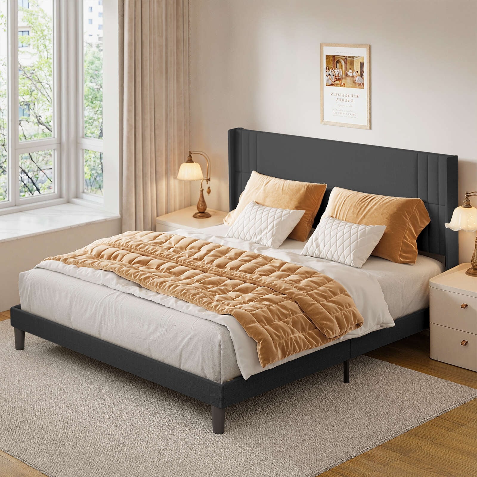 Queen/ Full Vertical Channels Upholstered Bed with Wingback Headboard