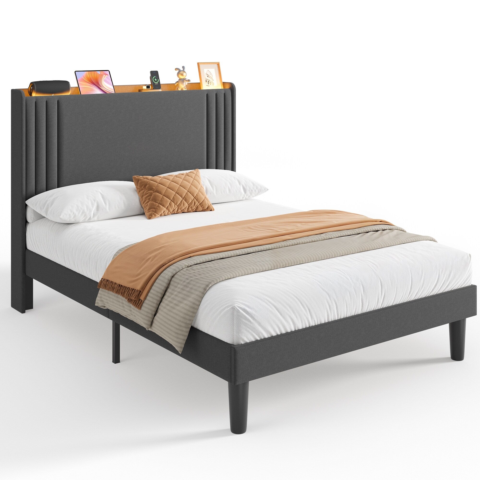 Queen/ Full Vertical Channels Upholstered Bed with Wingback Headboard
