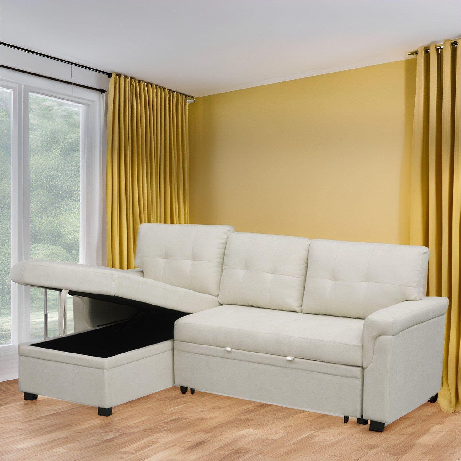 Reversible Sectional Sofa with Pull-Out Sleeper Bed, Hidden Storage Chaise, Durable Legs,