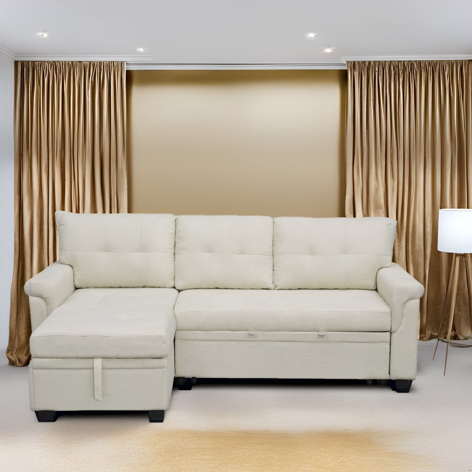 Reversible Sectional Sofa with Pull-Out Sleeper Bed, Hidden Storage Chaise, Durable Legs,