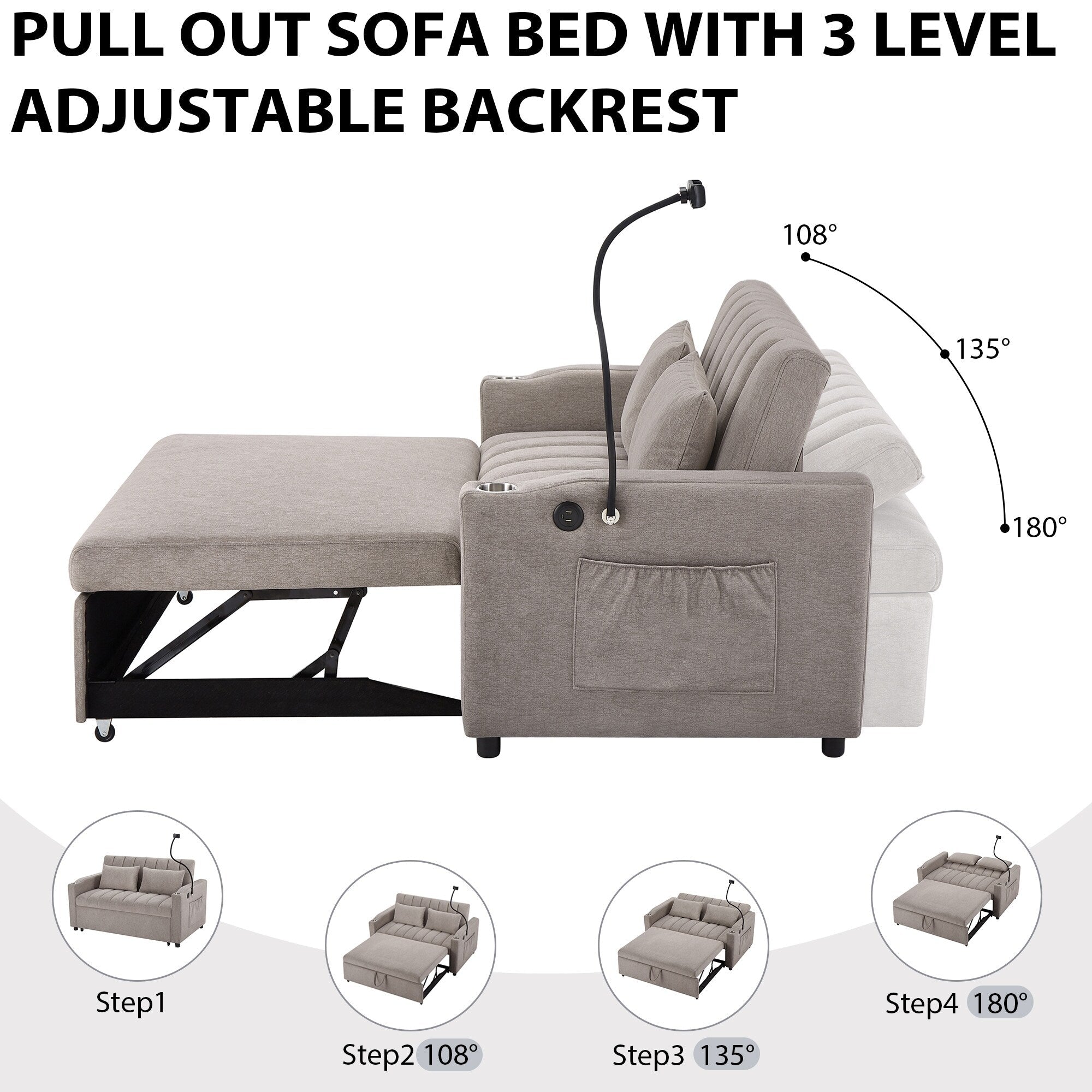 Roomfitters Convertible Loveseat Sofa Bed with USB Ports, Side Pockets, Cup Holders, and Swivel Phone Holder for Living Room