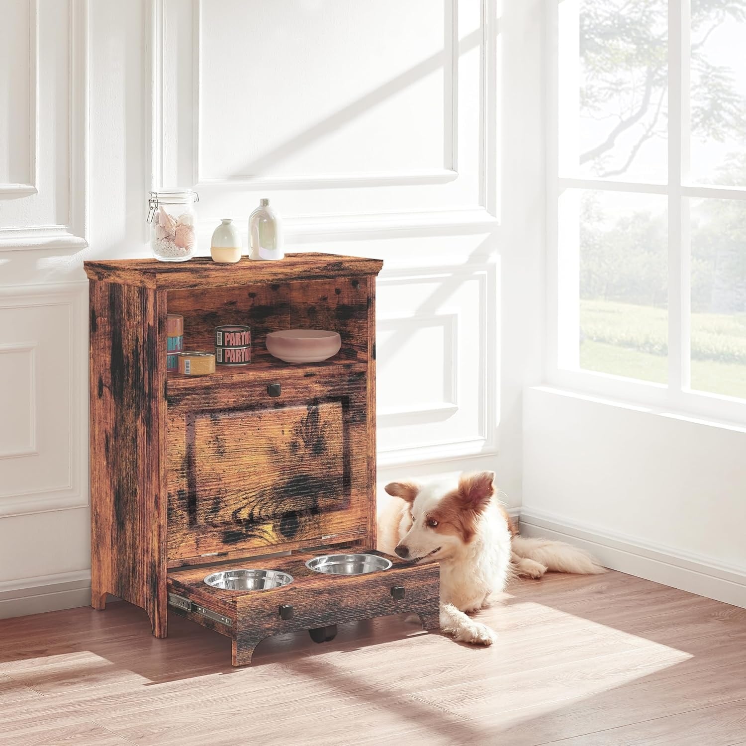 Roomfitters Dog Feeding Station with 2 Elevated Dog Bowls, Tilt Out Pet Feeding Cabinet Station