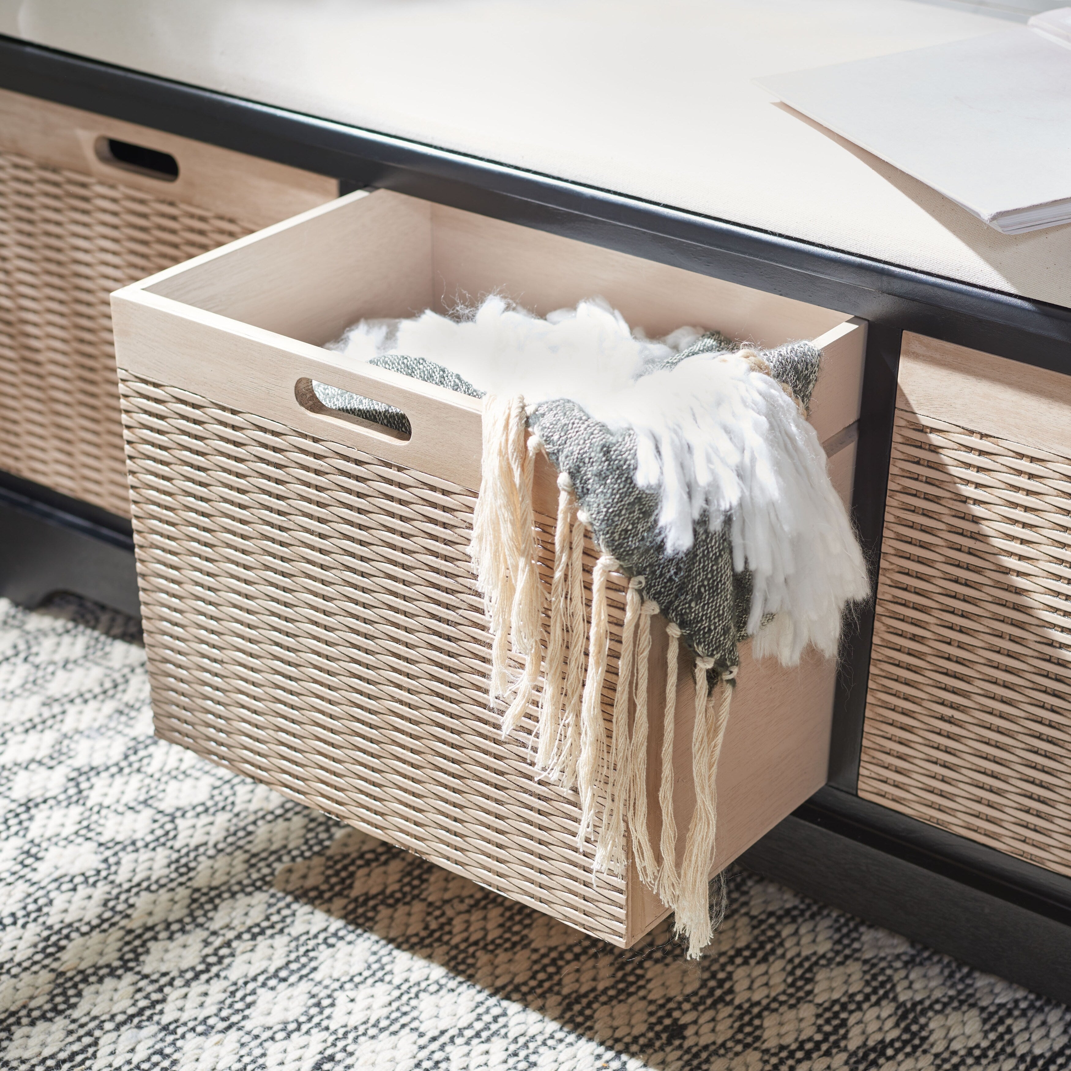 SAFAVIEH Fiorello 3-Drawer with Cushion Storage Bench - 47.3 W x 15 L x 19 H - 47Wx15Dx19H