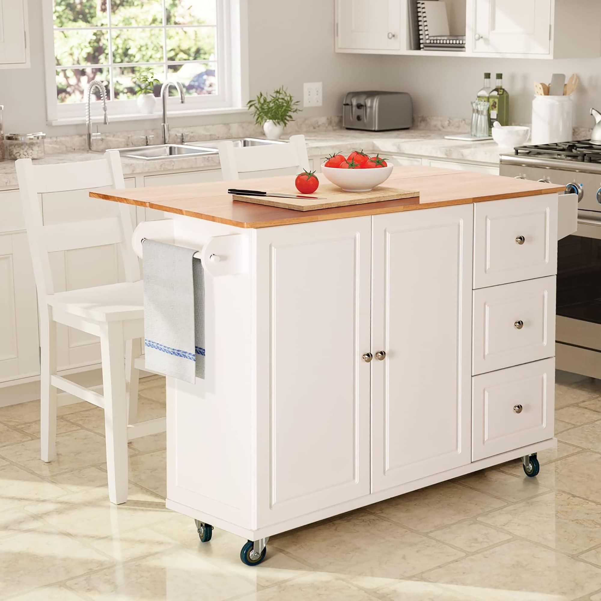 Sophia & William Kitchen Island Cart with Drop-Leaf and Rubber Wood Top, Rolling Kitchen Trolley Cart with Large Storage Cabinet