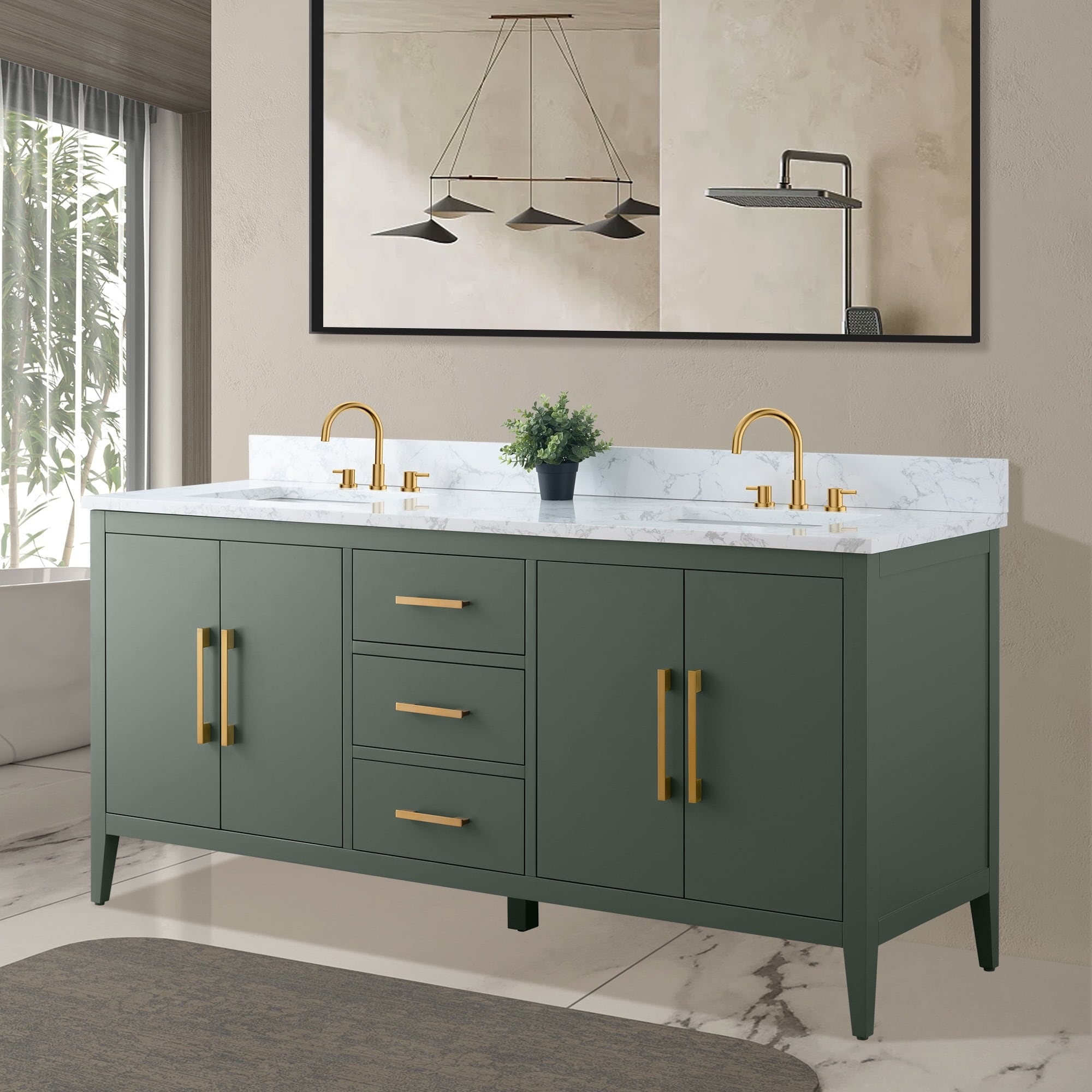 Vanity Art 72 Double Sink Bathroom Vanity Cabinet with Engineered Marble Top
