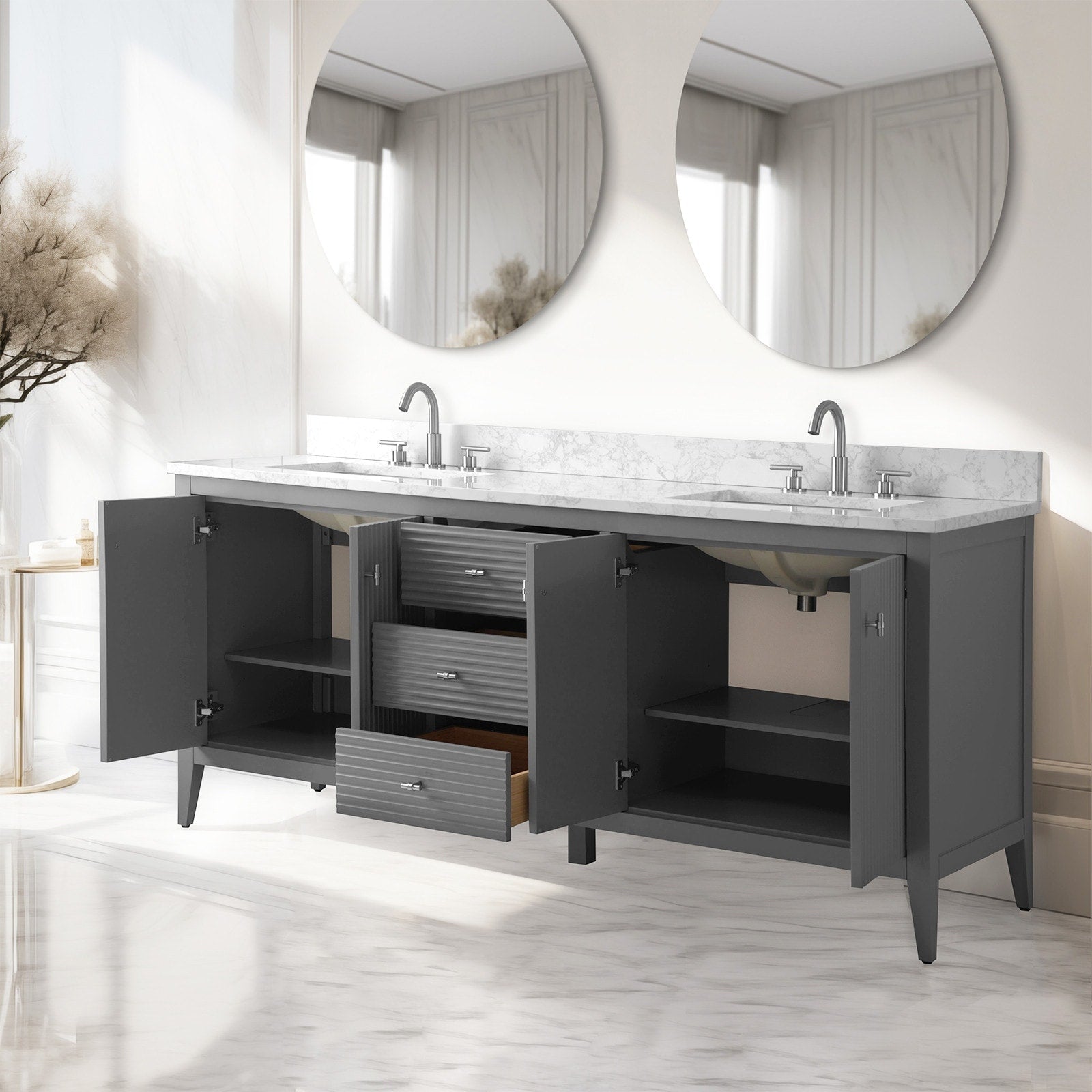Vanity Art 72 Double Sink Bathroom Vanity Cabinet with Engineered Marble Top