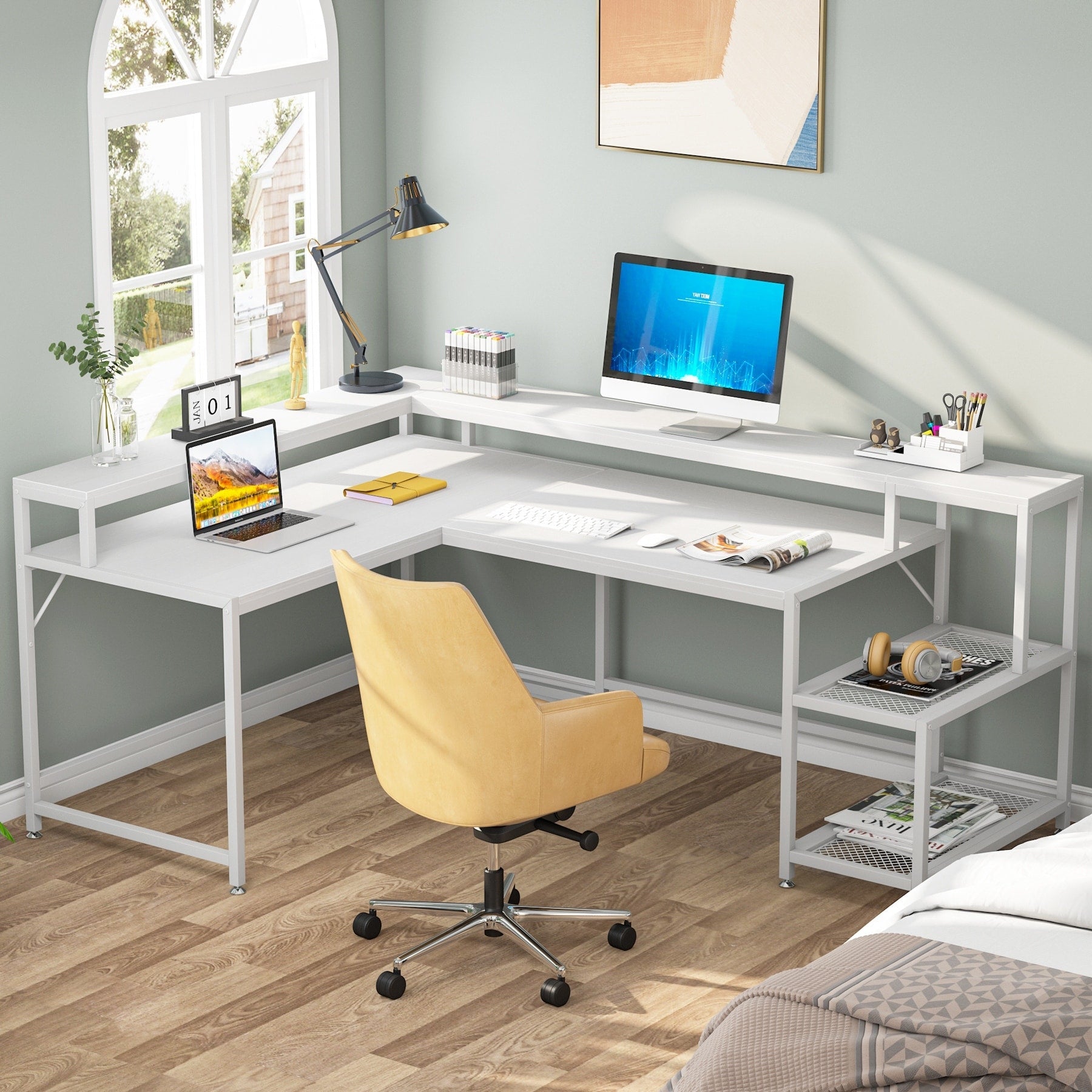 L Shaped Desk with Monitor Shelf, Reversible Corner Computer Desk for Office Home 69