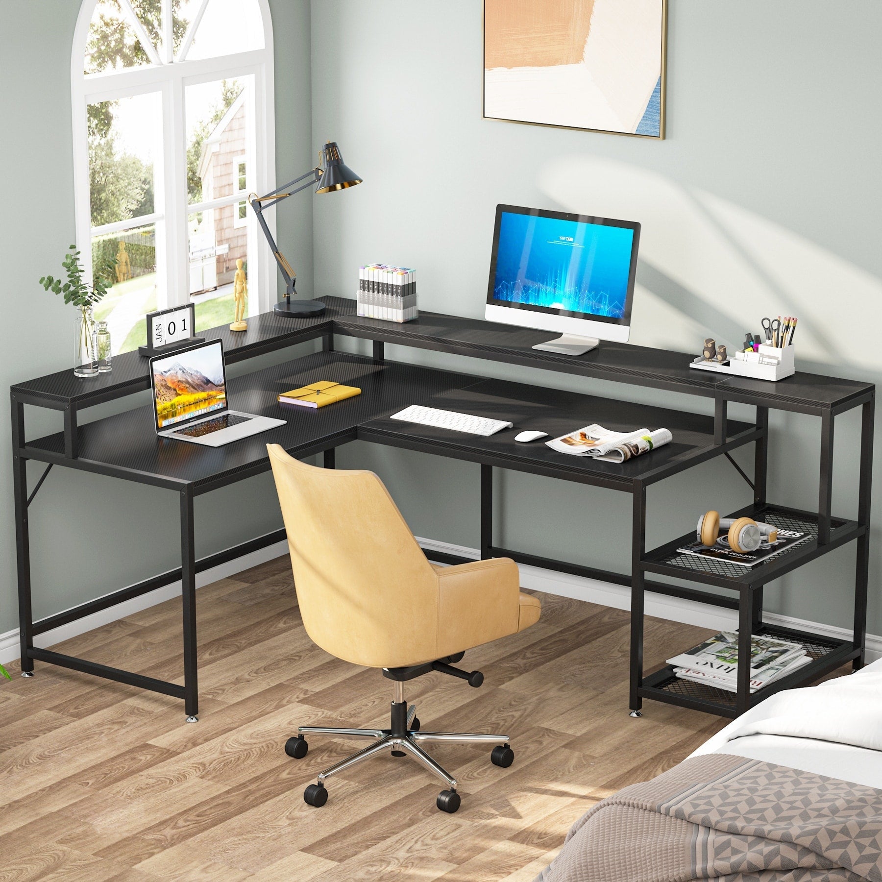 L Shaped Desk with Monitor Shelf, Reversible Corner Computer Desk for Office Home 69