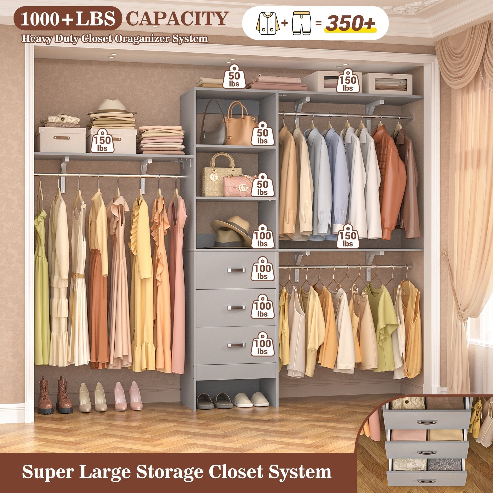 Rackcog 120'' Adjustable Closet Organizer with Drawers, Closet System with DIY Shelves for Reach-in and Walk-in Closet