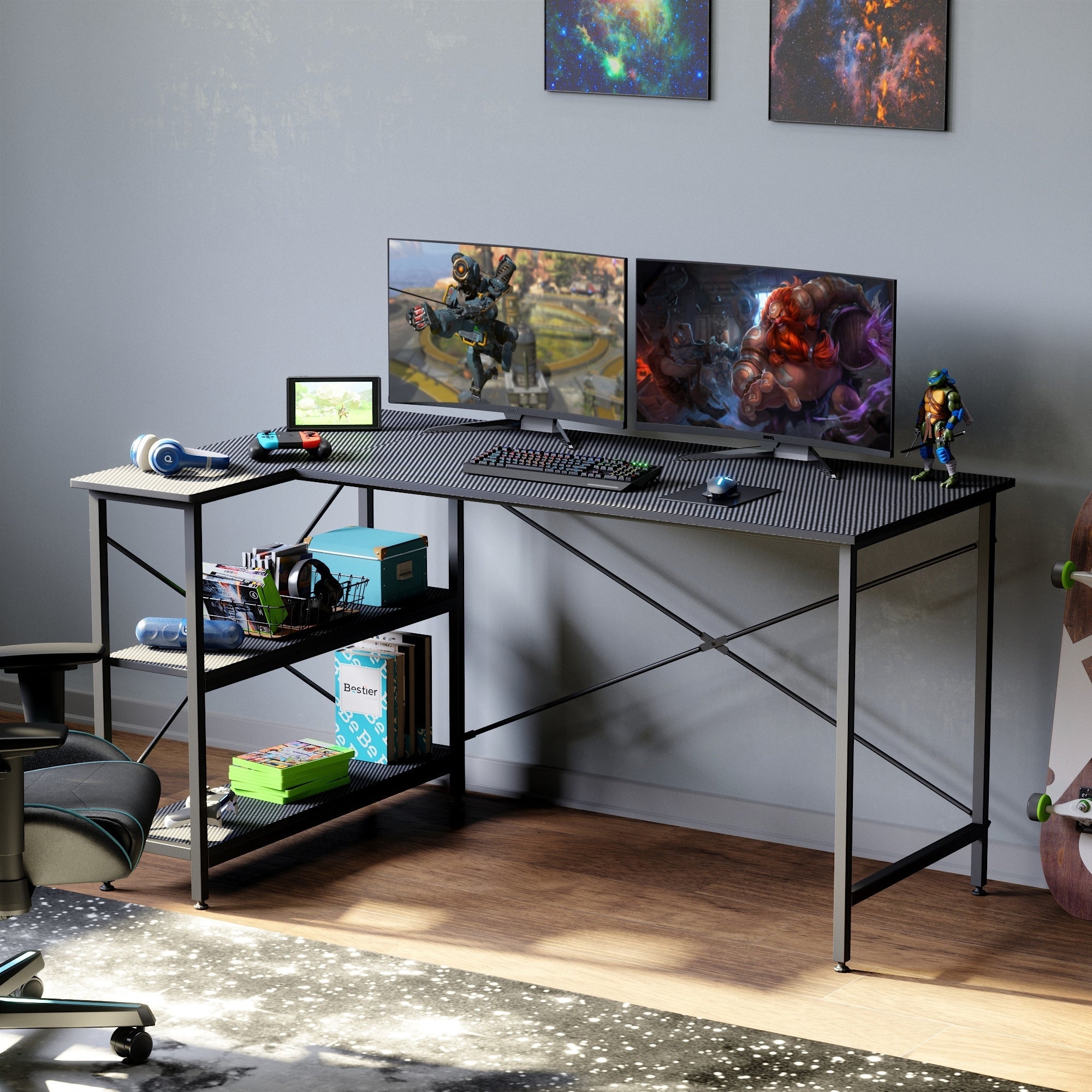 Small L Shaped Desk with Storage Shelves Corner Computer Desk