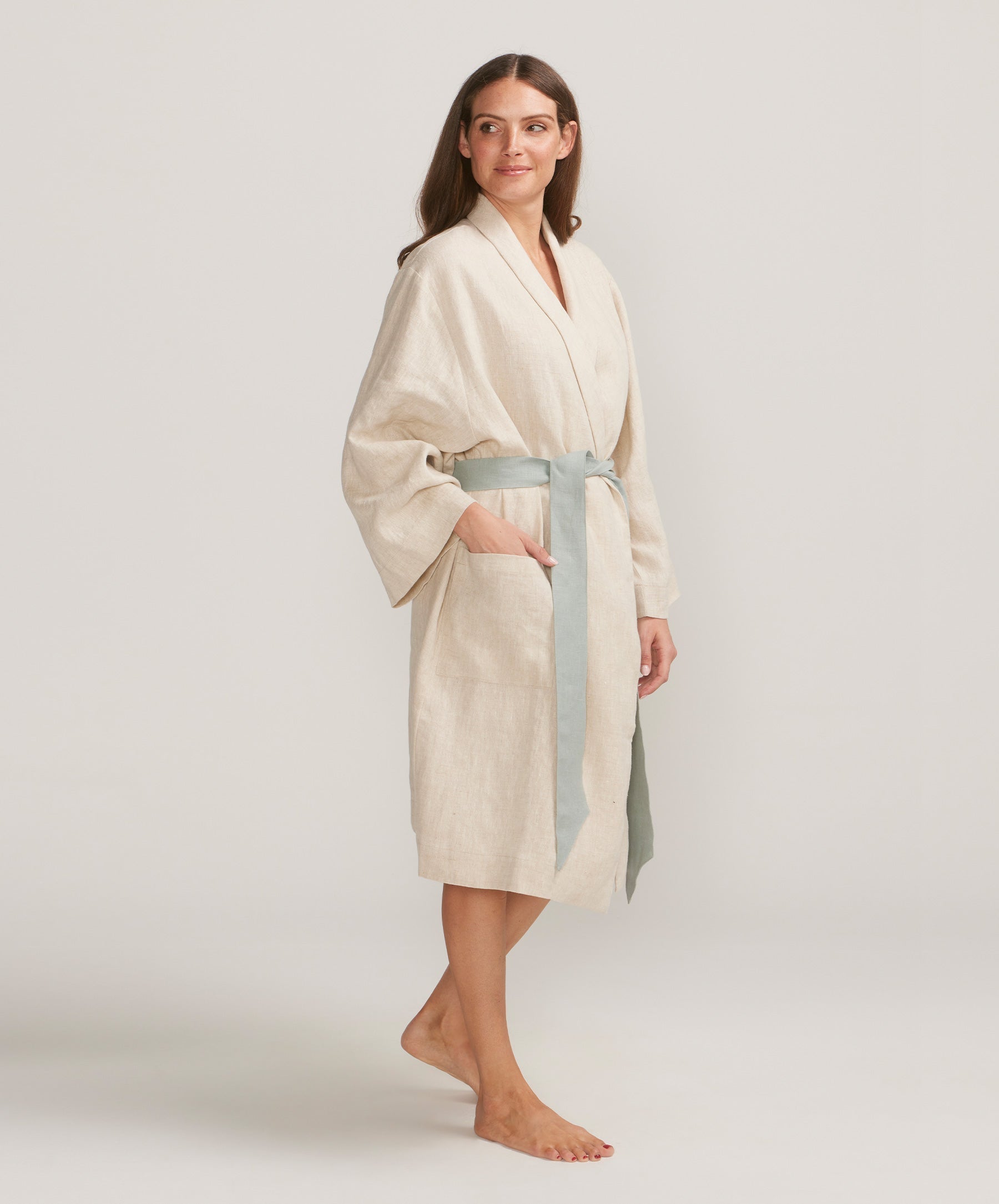 Linen Robe - Natural/Seafoam
