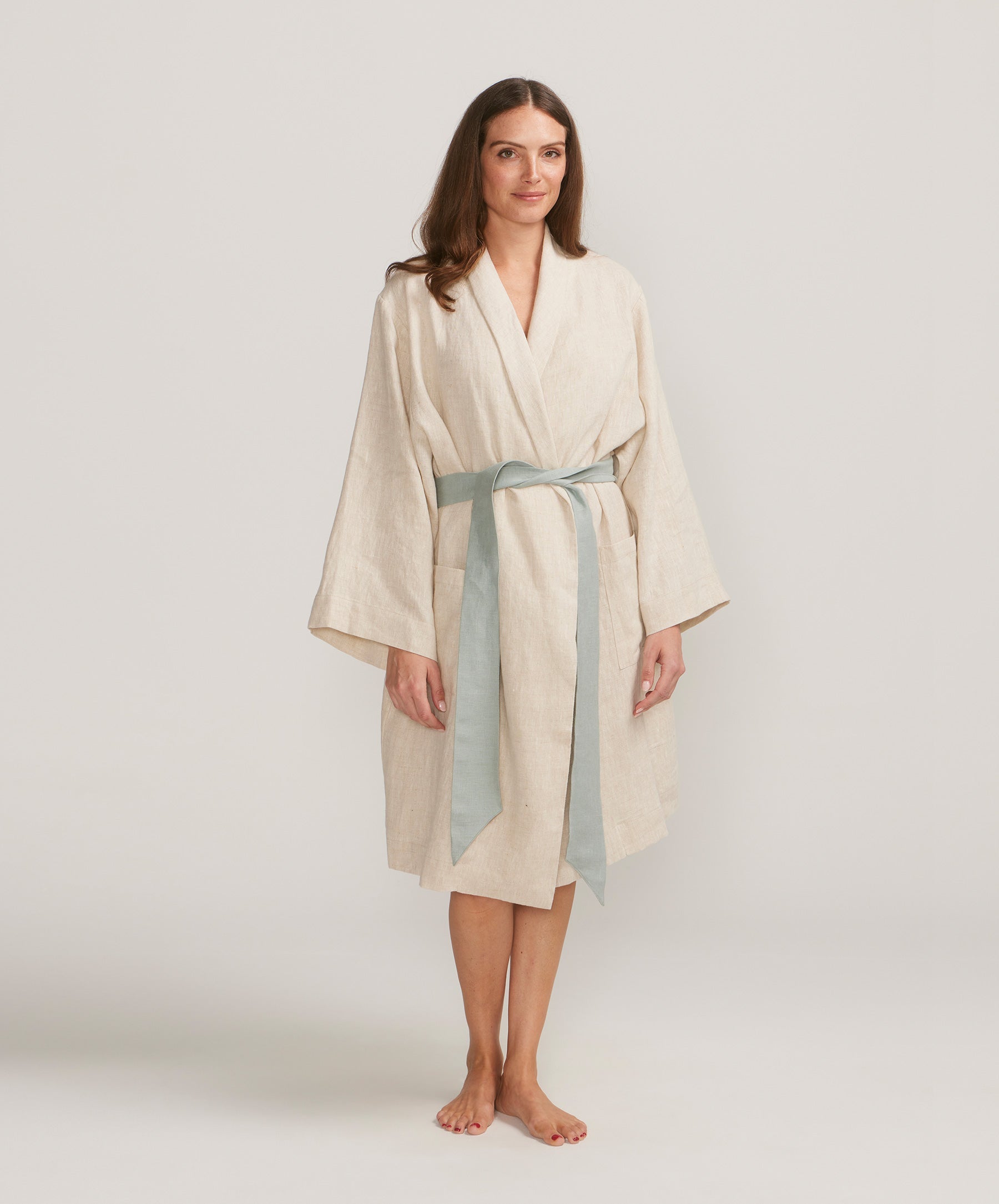 Linen Robe - Natural/Seafoam