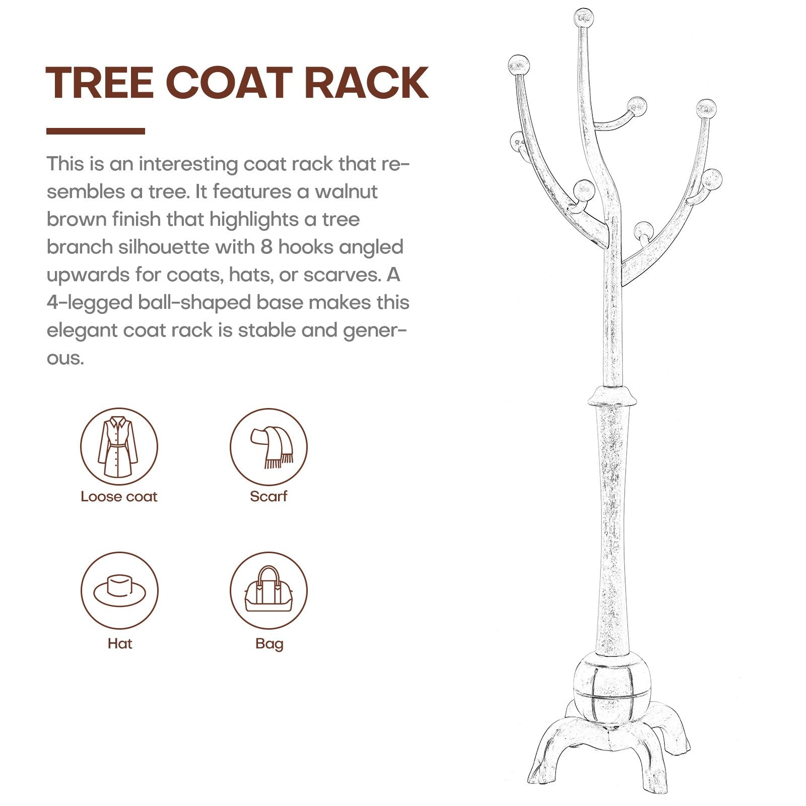 Tree-branch Rubberwood Freestanding Coat Rack with 8 Hooks - 24.5W x 70.87H