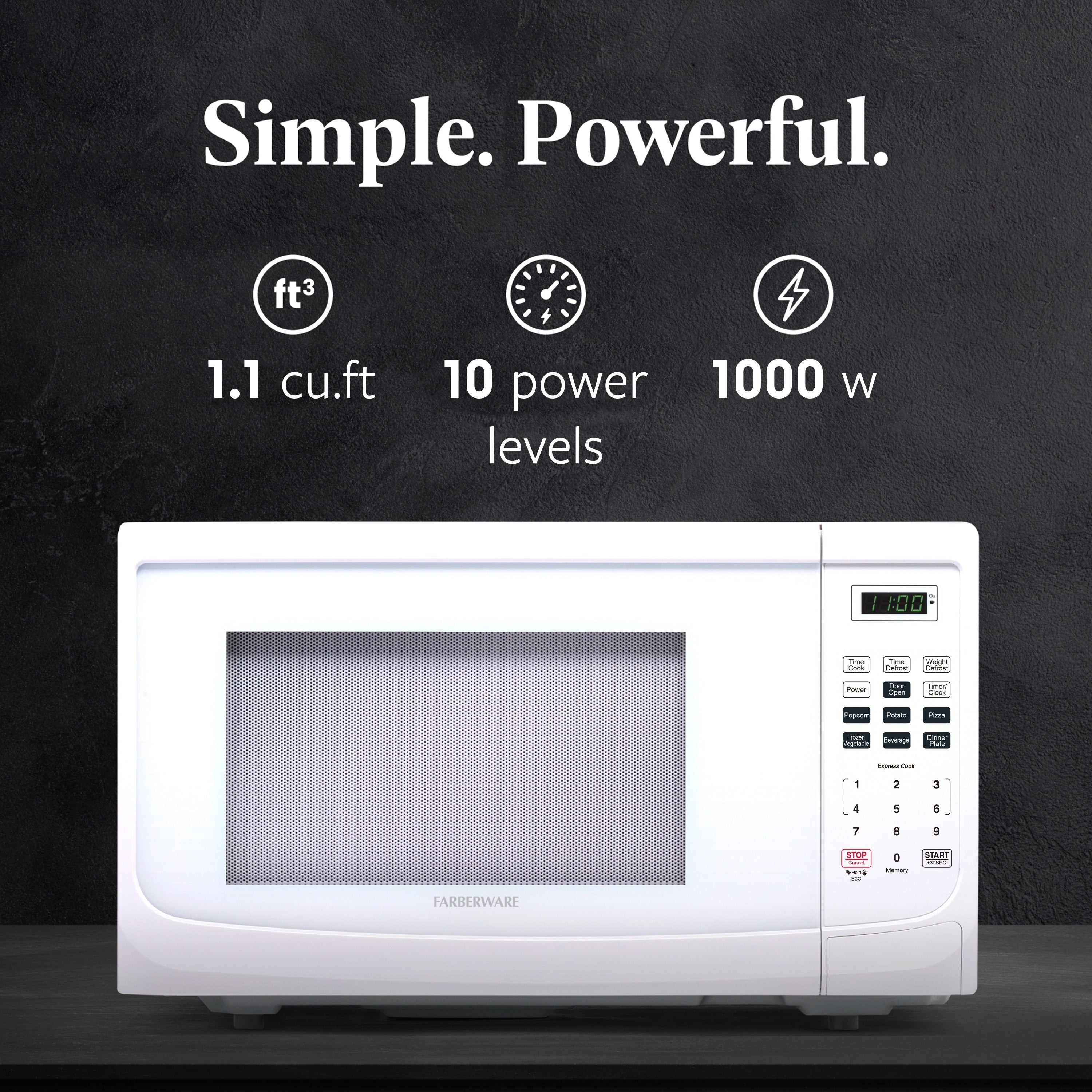 Farberware 1000-Watt 1.1 Cu. Ft. Countertop Microwave Oven With LED Lighting and Child Lock