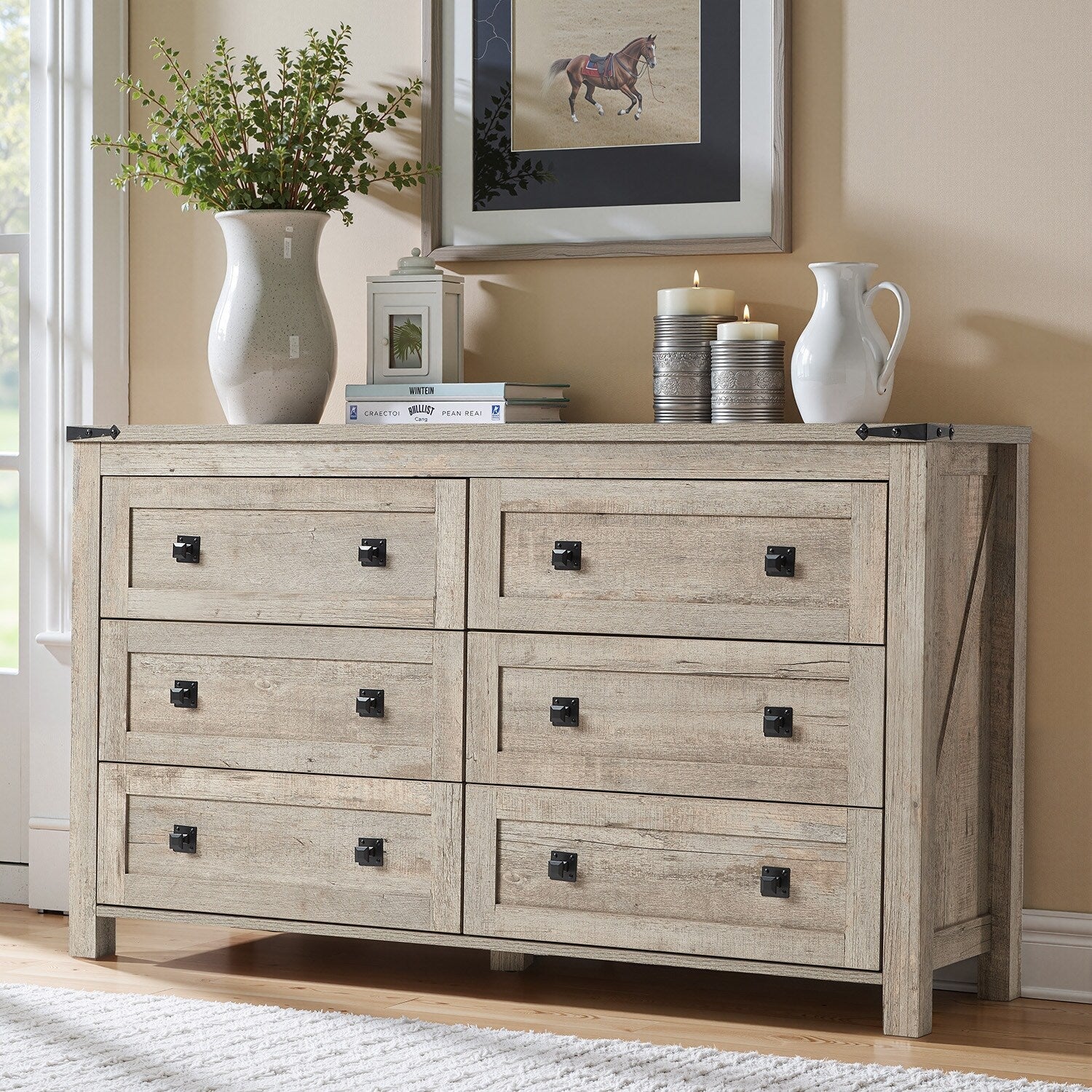 Farmhouse 6 Drawer Dresser, Wood TV Stand, Chest of Drawers