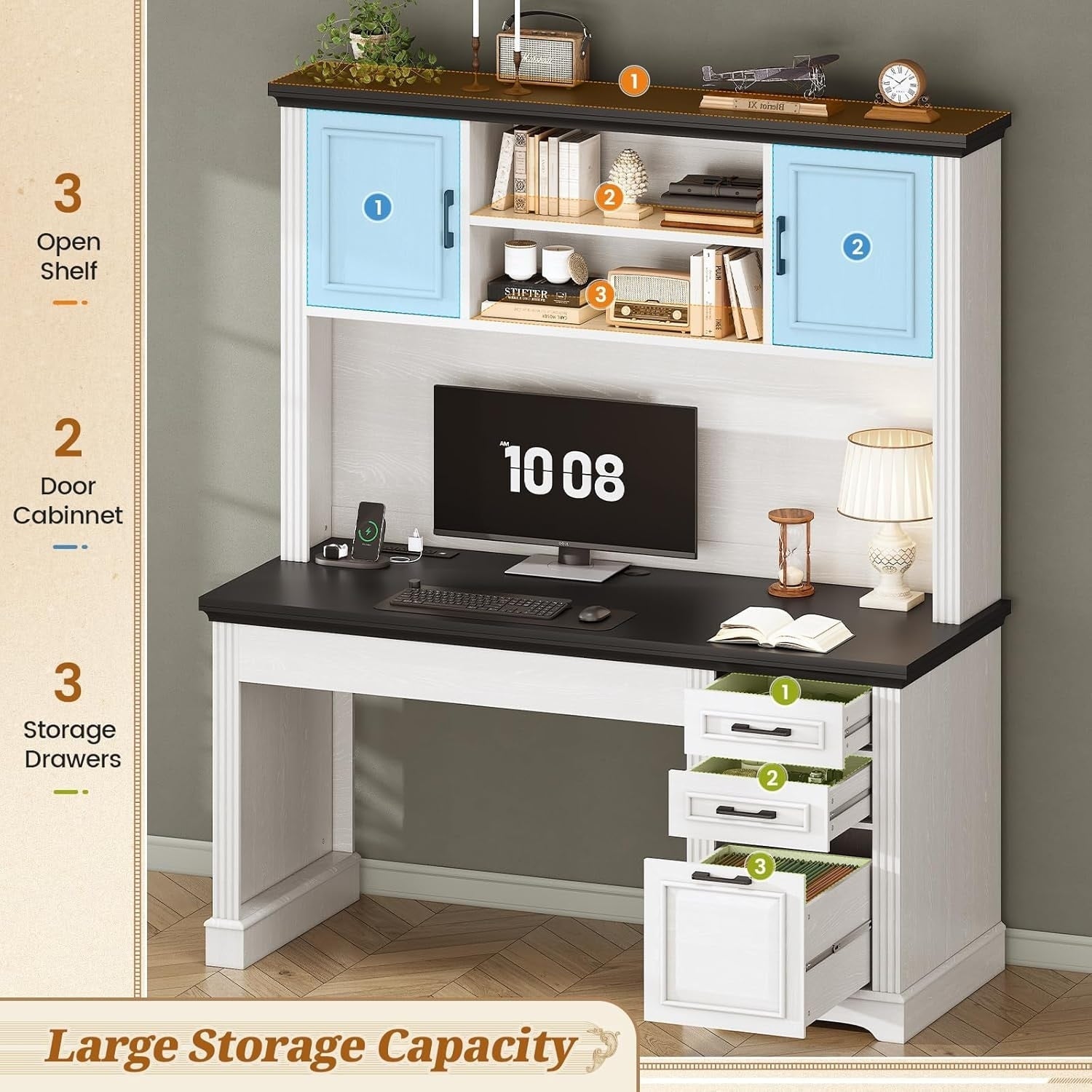 Farmhouse Executive Desk Home Office Desk File Drawer Monitor Stand Power Outlet