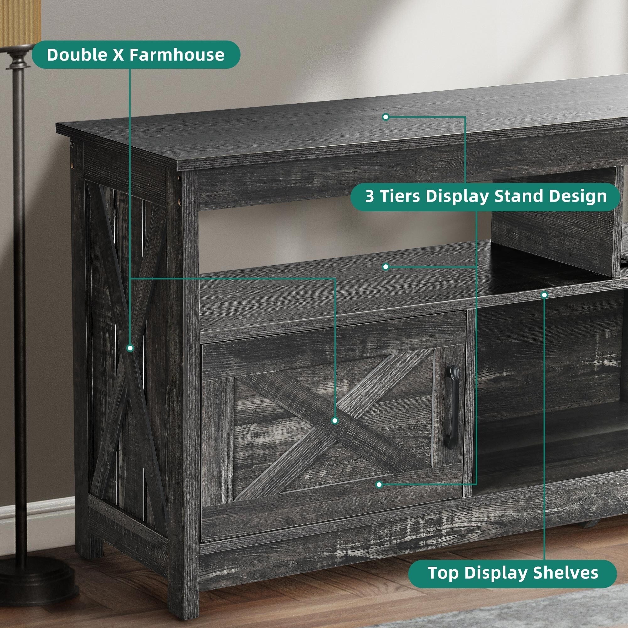 Farmhouse TV Stand for up to 65 TV with Doors and Open Shelves Media Console Power Outlet