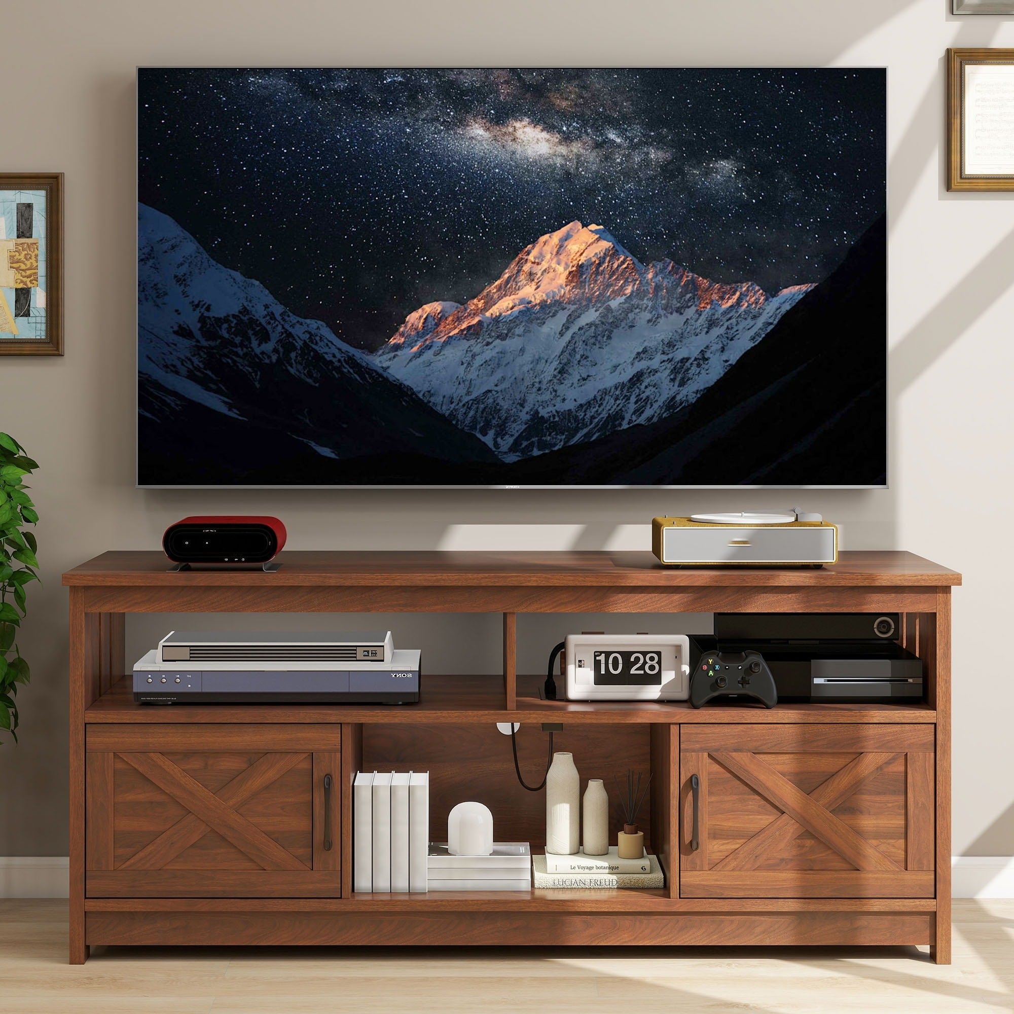 Farmhouse TV Stand for up to 65 TV with Doors and Open Shelves Media Console Power Outlet
