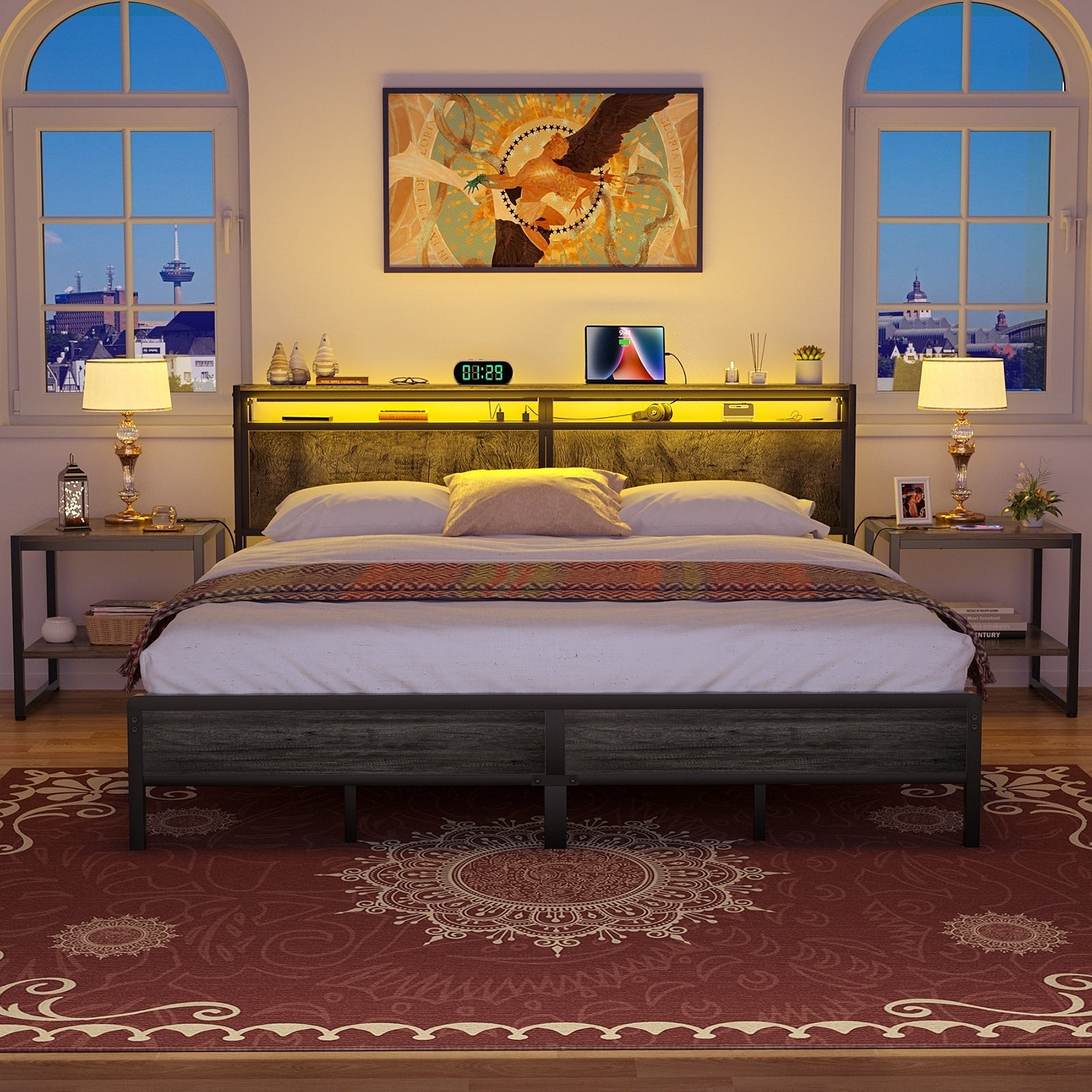 Farmhouse Wood Platform Bed Frame with Charged Station and LED Lights