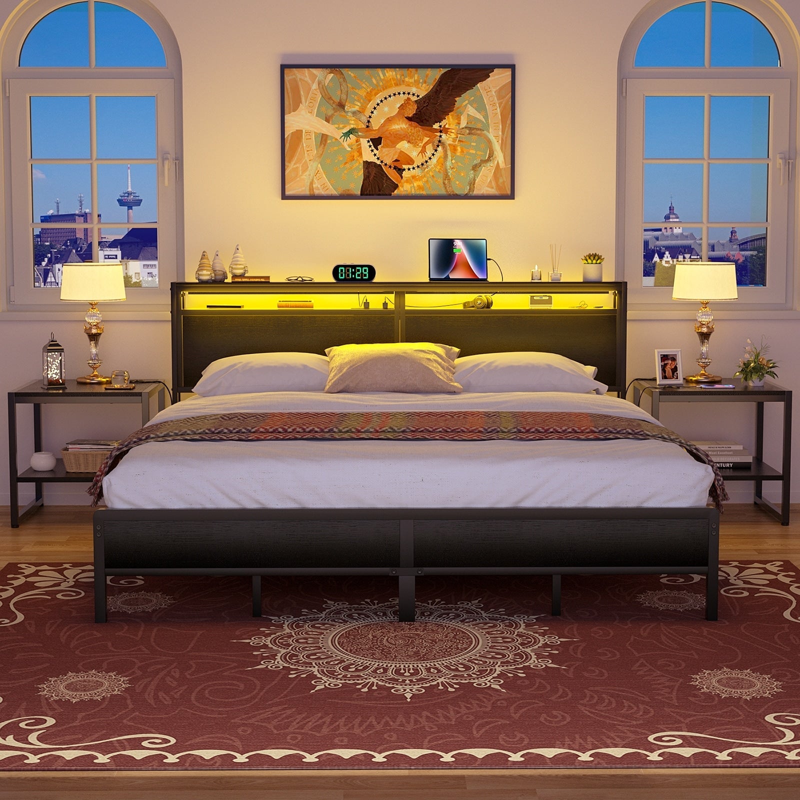 Farmhouse Wood Platform Bed Frame with Charged Station and LED Lights