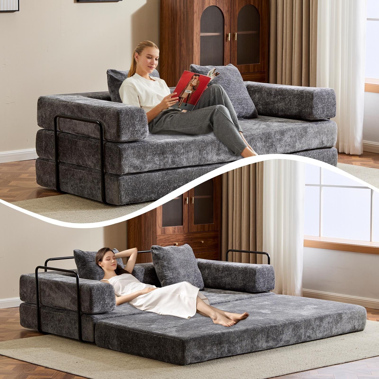 Floor Sofa Bed Convertible with Pillow Back Chenille Fabric for Living Room Bedroom