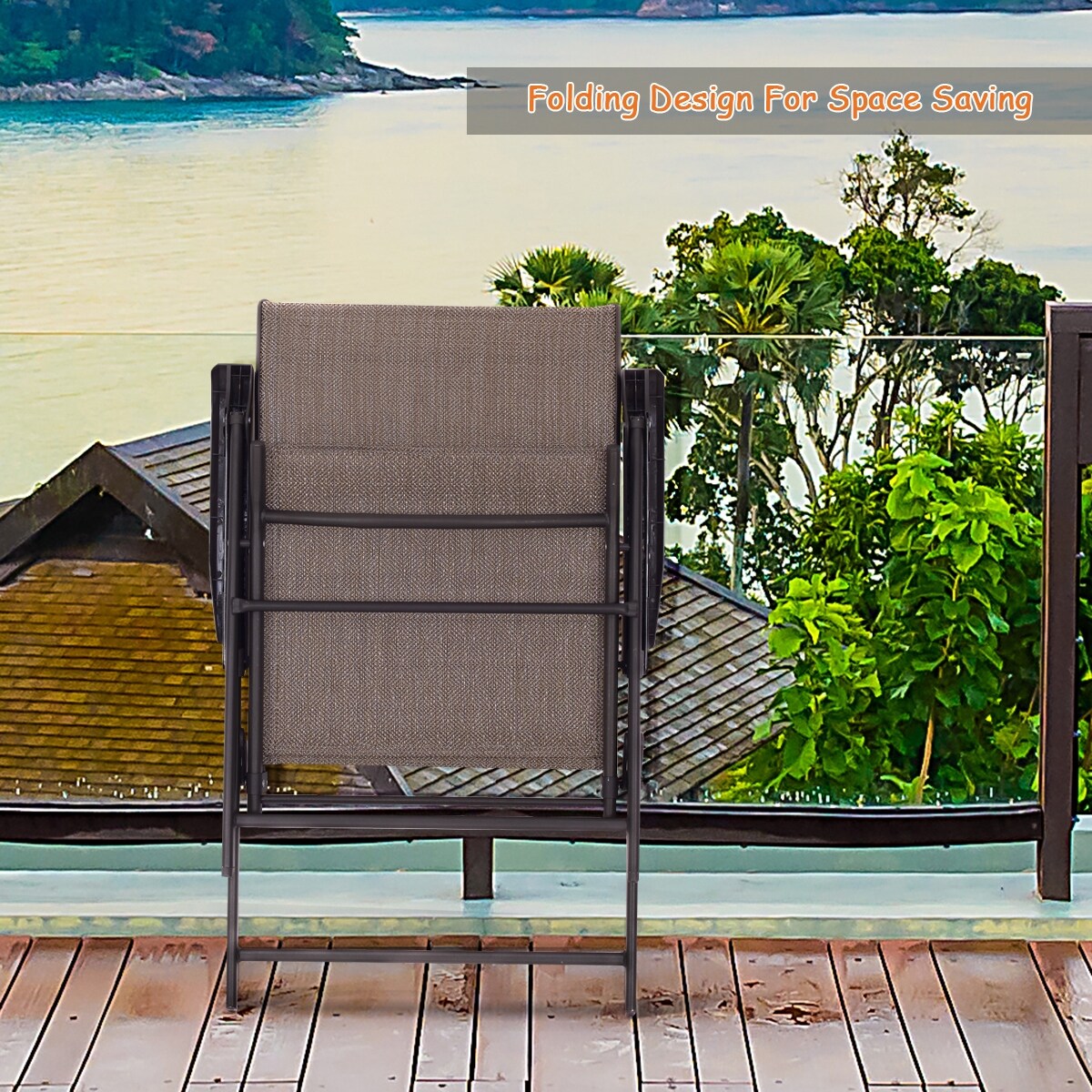 Folding Sling Chair Patio Furniture Set of 2 Armchairs Brown