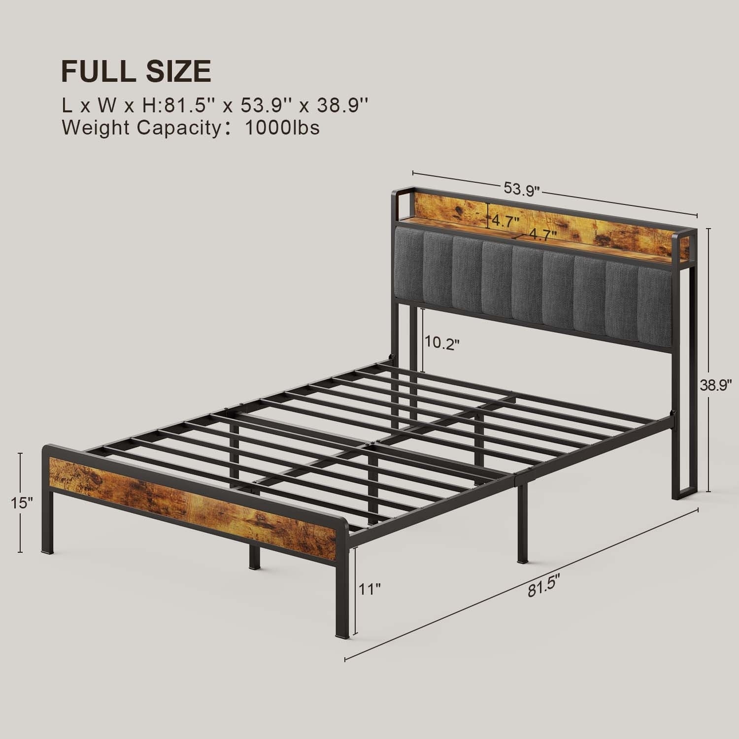 Twin / Full / Queen / King Size Metal Platform Bed Frame with Upholstered Storage Headboard