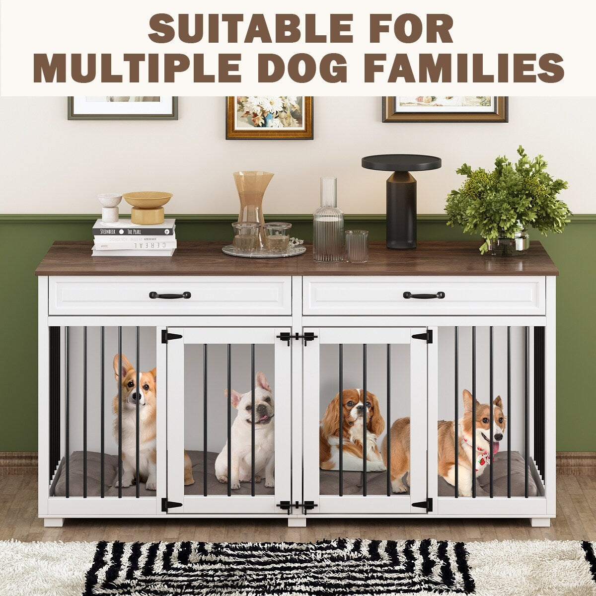 Furniture Style Dog Crate, 64.5 Inch Wooden Large Dog Kennel