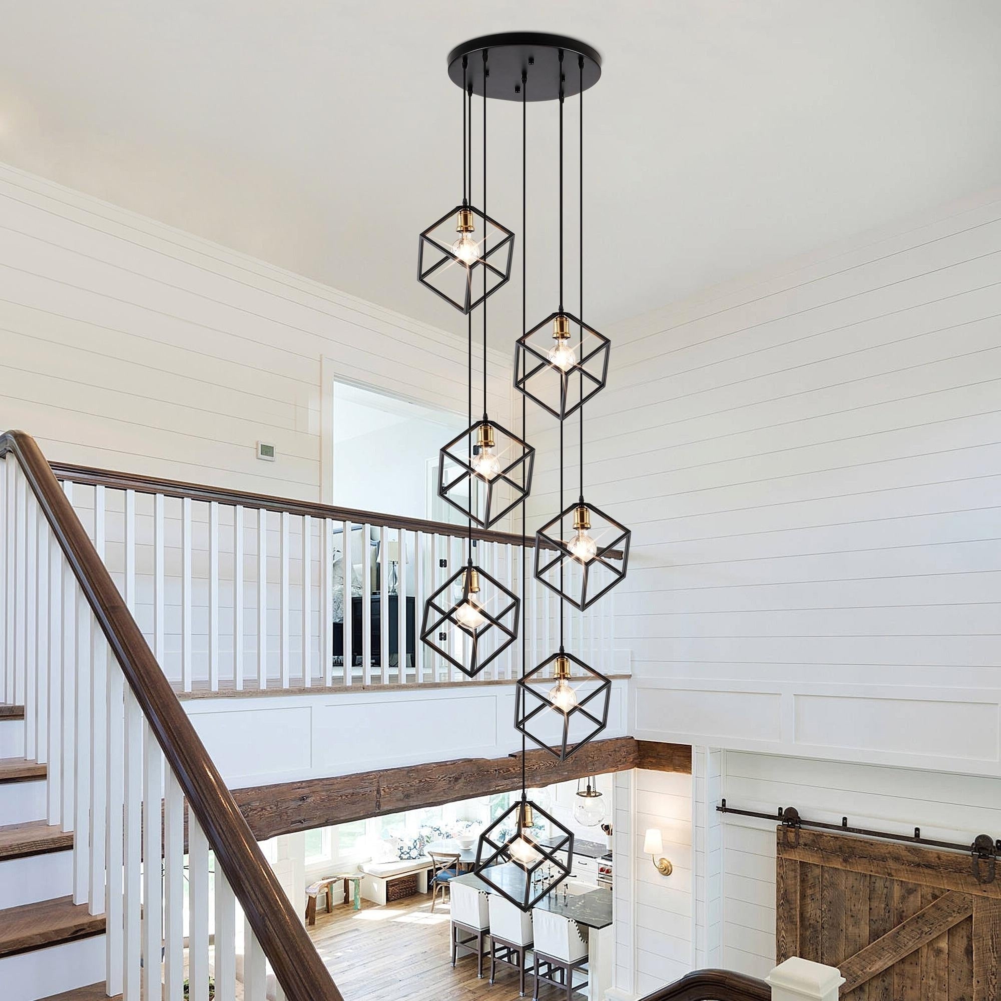 Geometric Pendant Chandelier for Stairway / Staircase, Adjustable Height 5 or 7 Light Cluster