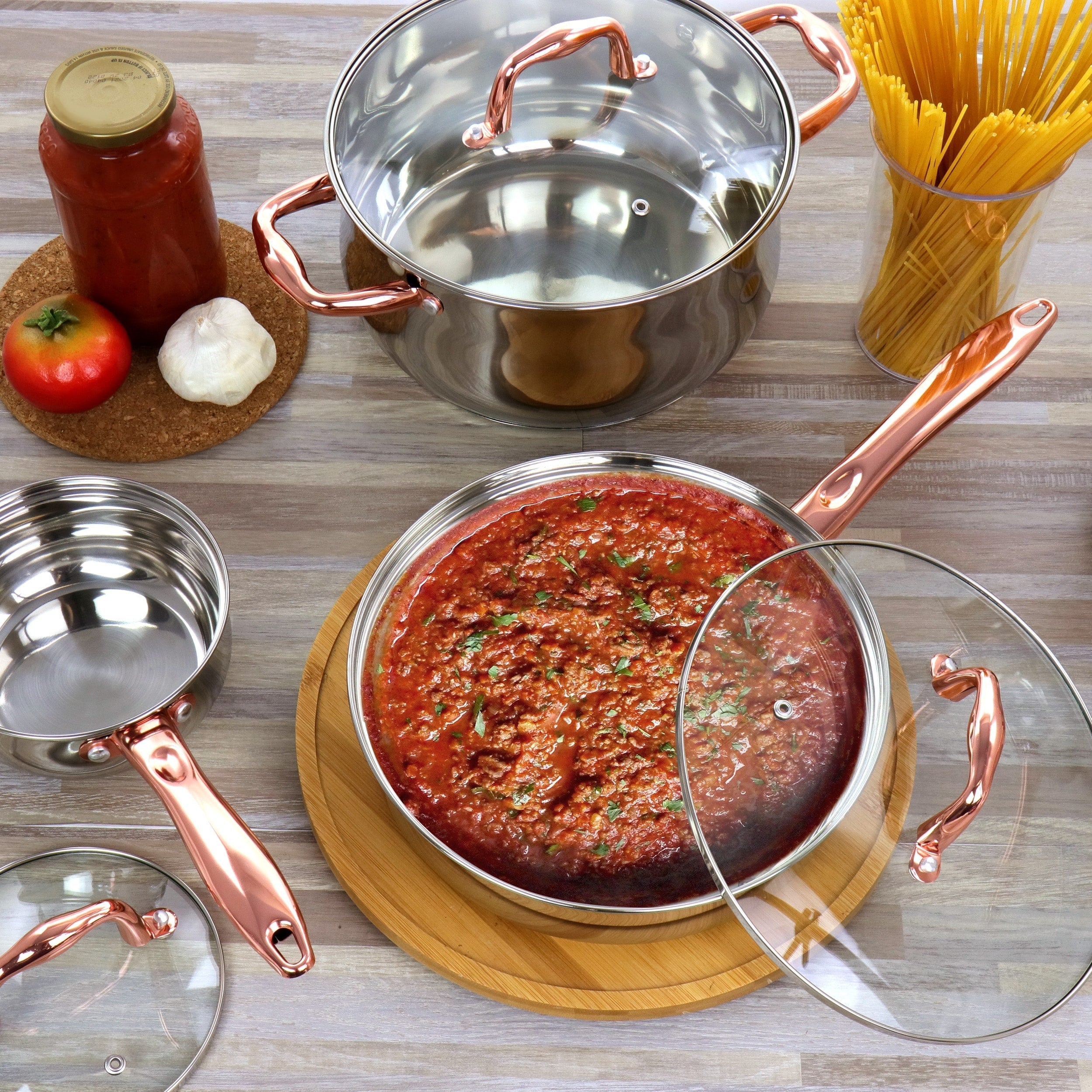 Gibson Home Bransonville 8 Piece Stainless Steel Cookware Set in Chrome and Bronze