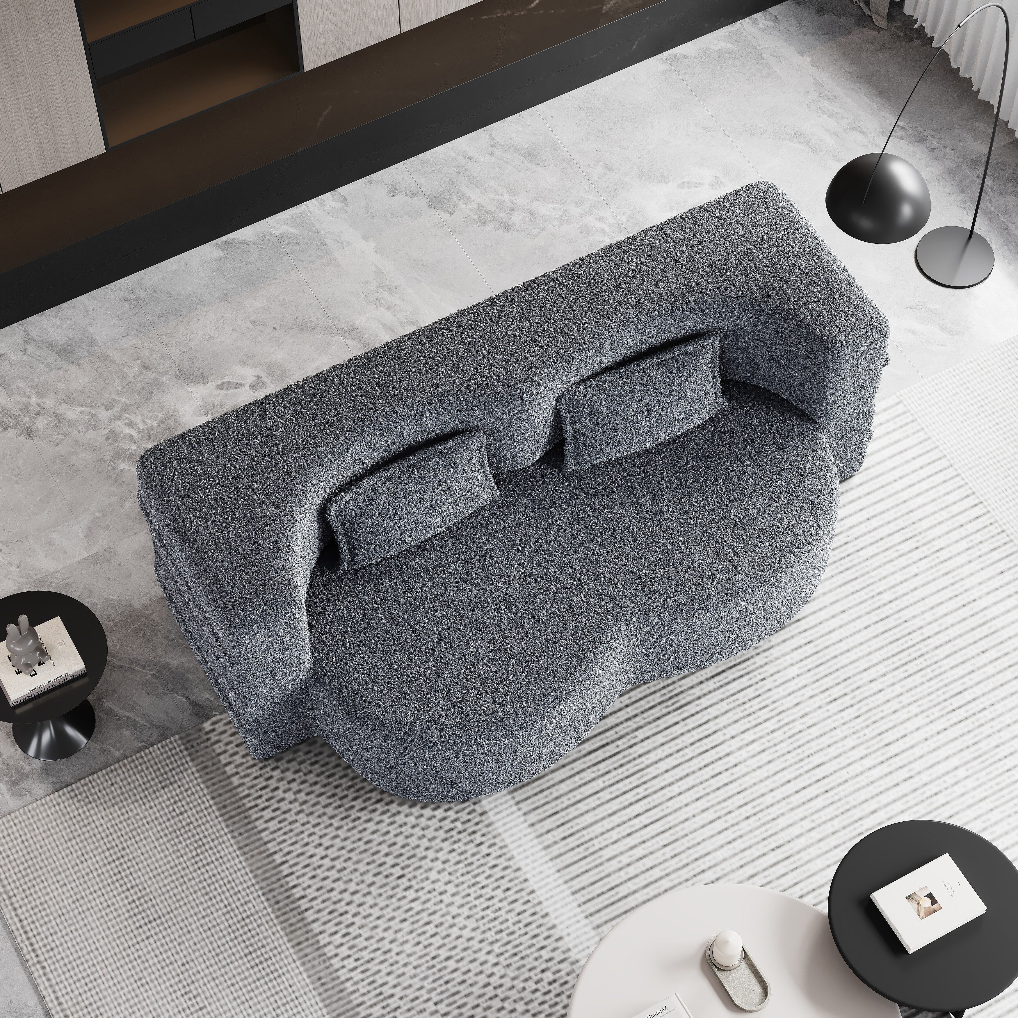 Grey 78 Convertible Teddy Fabric Loveseat Foam-Filled Floor Sofa Bed with 2 Pillows and Folding Mattress for Living Room