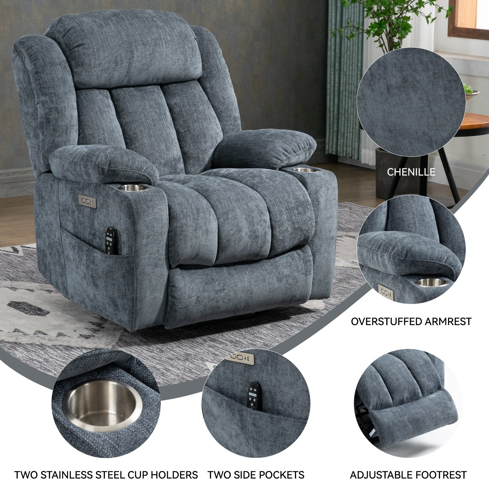 Grey Chenille Power Lift Recliner with Massage, Lumbar Heating, USB & Type-C Ports, and Stainless Steel Drink Holders