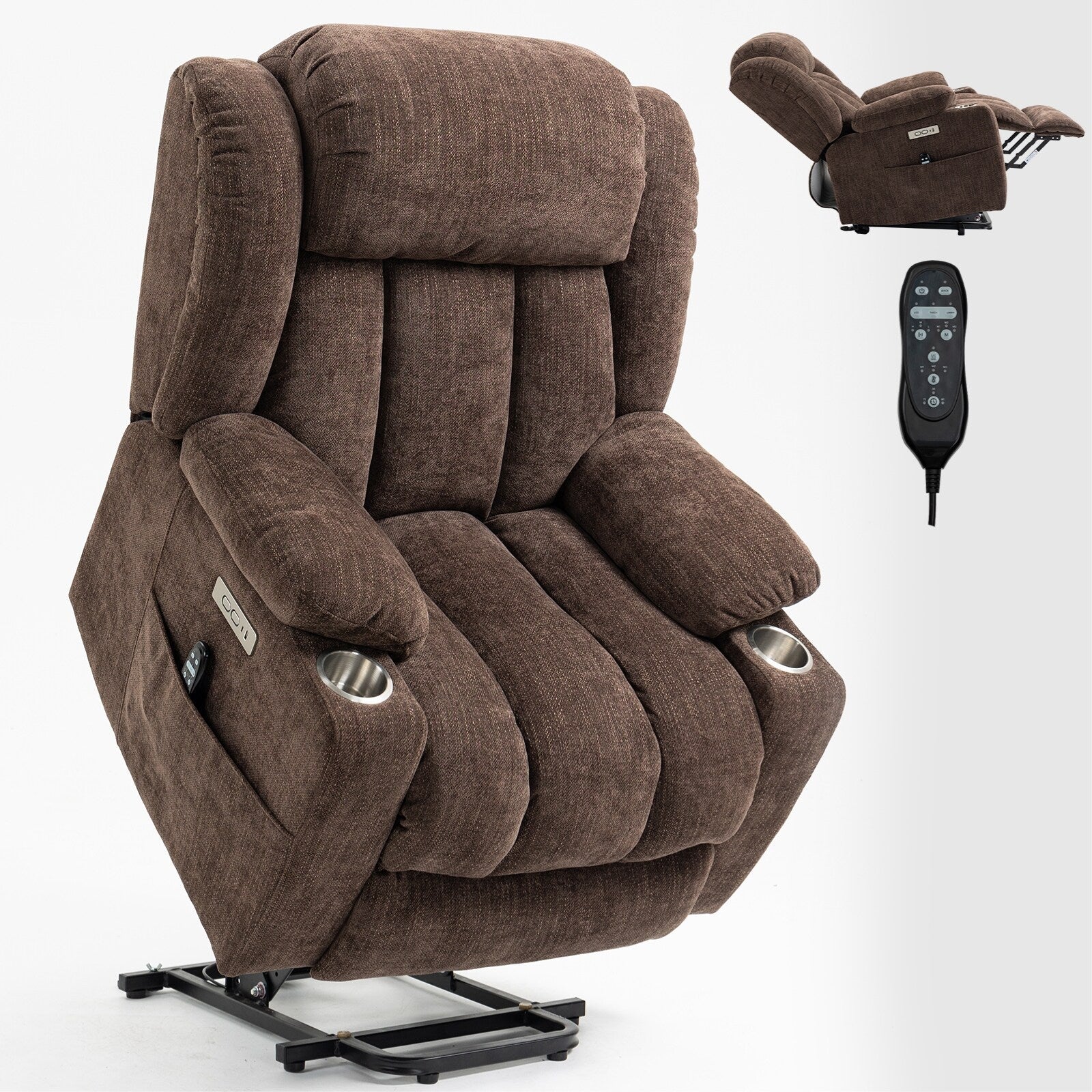 Grey Chenille Power Lift Recliner with Massage, Lumbar Heating, USB & Type-C Ports, and Stainless Steel Drink Holders