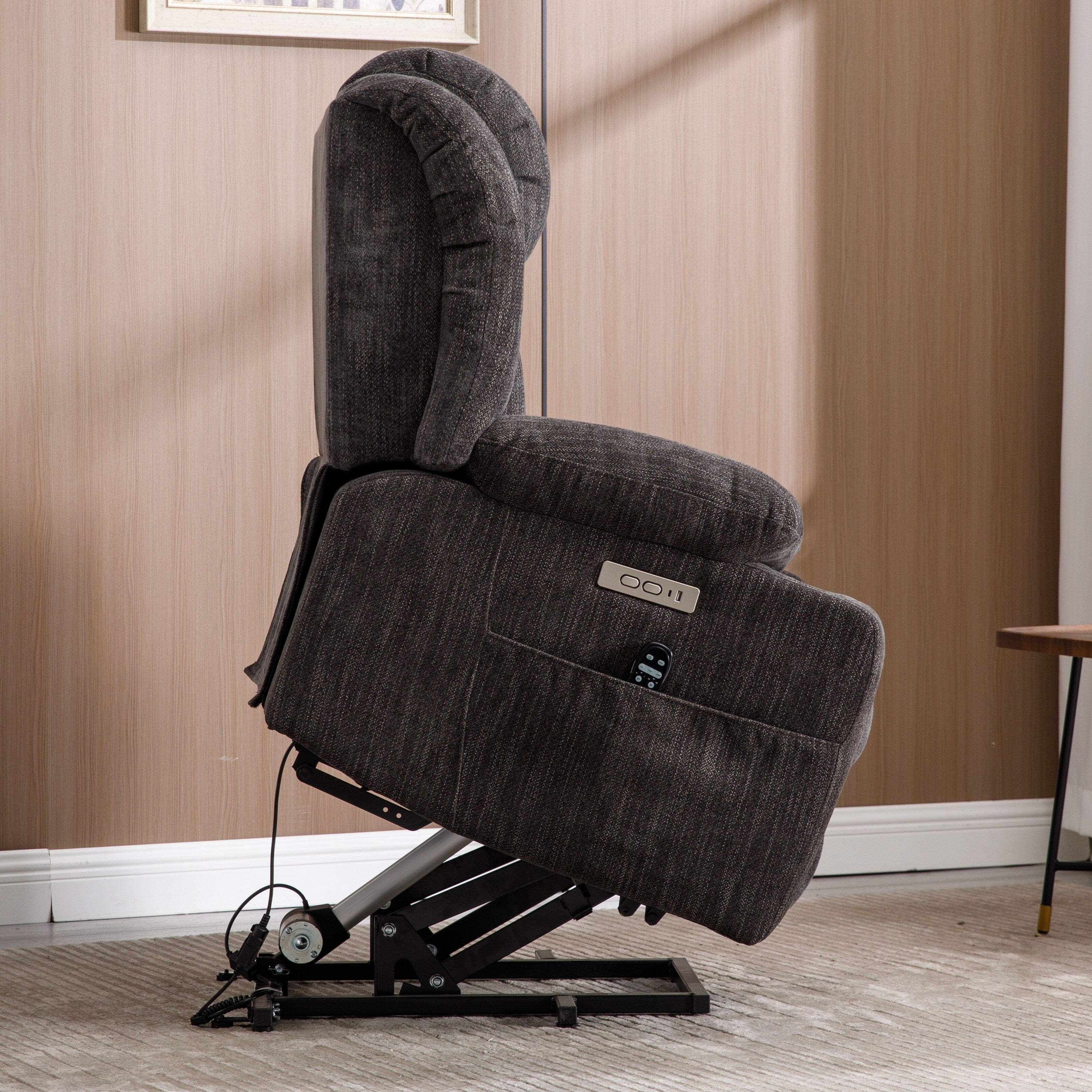 Grey Chenille Power Lift Recliner with Massage, Lumbar Heating, USB & Type-C Ports, and Stainless Steel Drink Holders