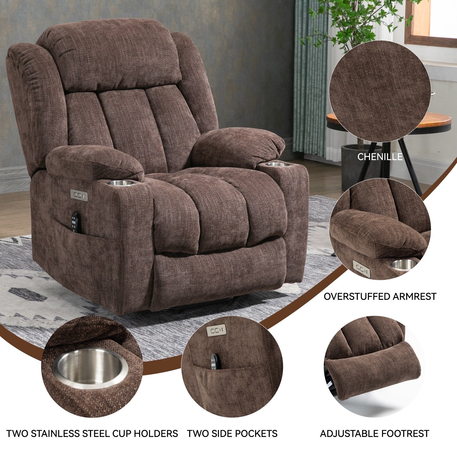 Grey Chenille Power Lift Recliner with Massage, Lumbar Heating, USB & Type-C Ports, and Stainless Steel Drink Holders
