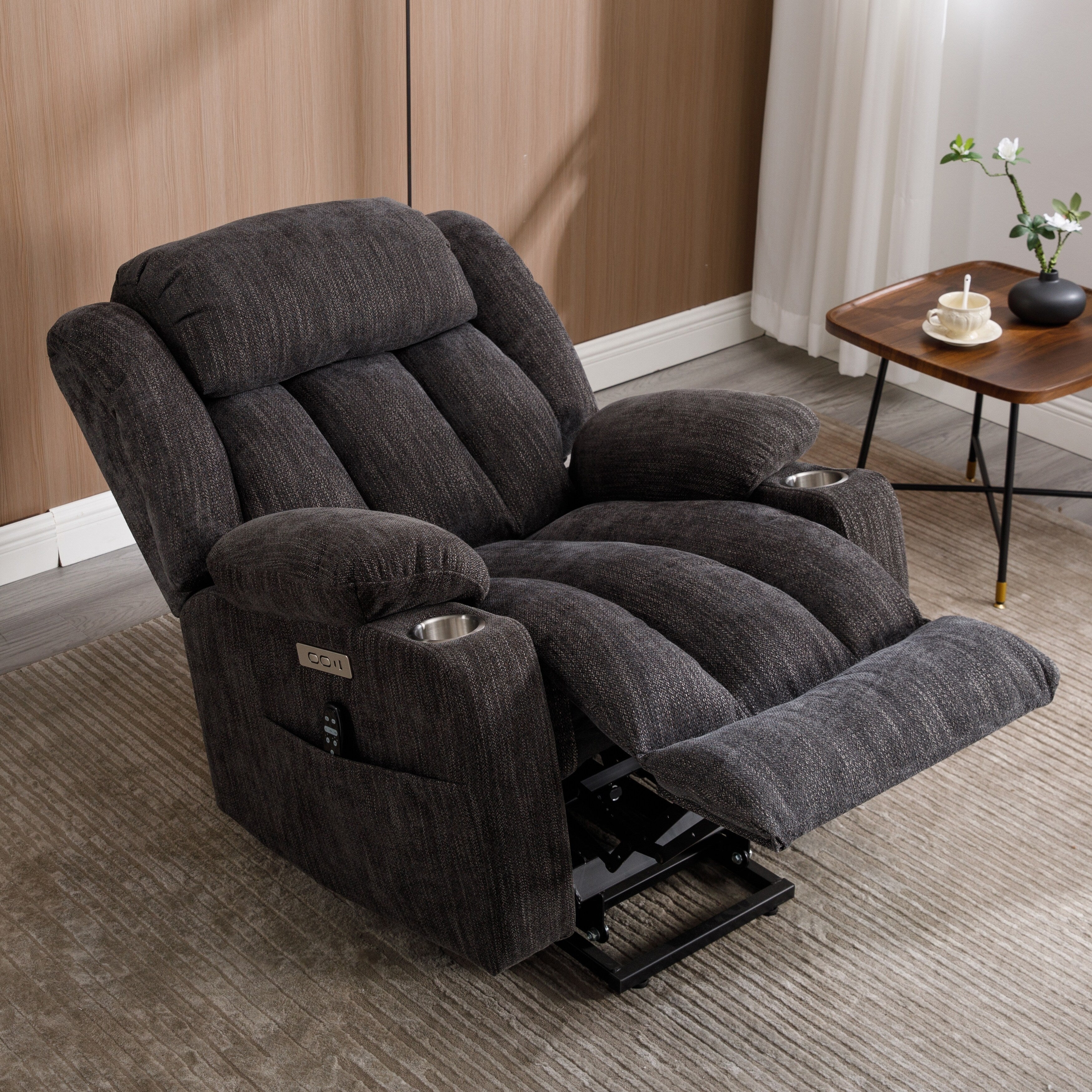 Grey Chenille Power Lift Recliner with Massage, Lumbar Heating, USB & Type-C Ports, and Stainless Steel Drink Holders