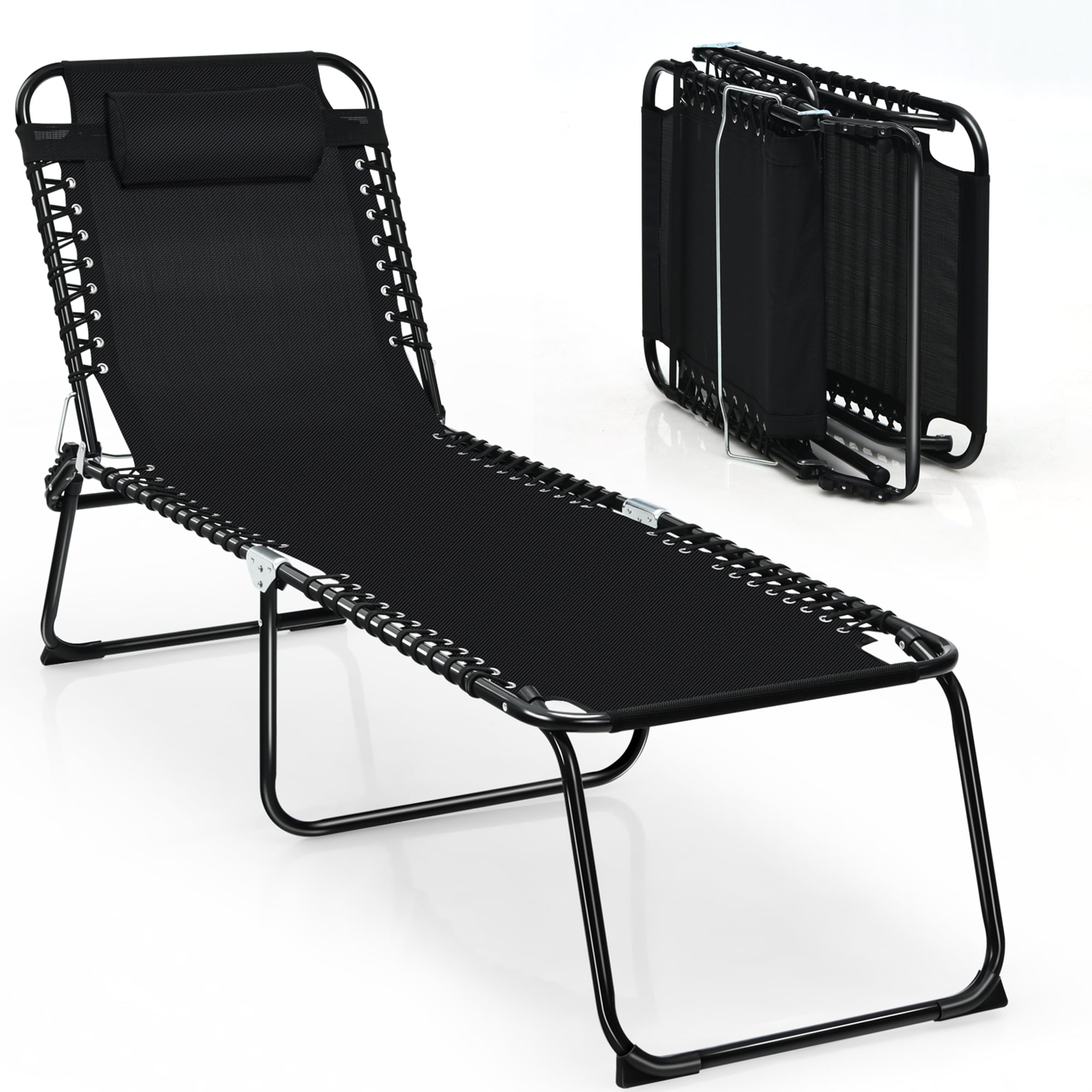Gymax Folding Beach Lounger Chaise Lounge Chair w/ Pillow 4-Level