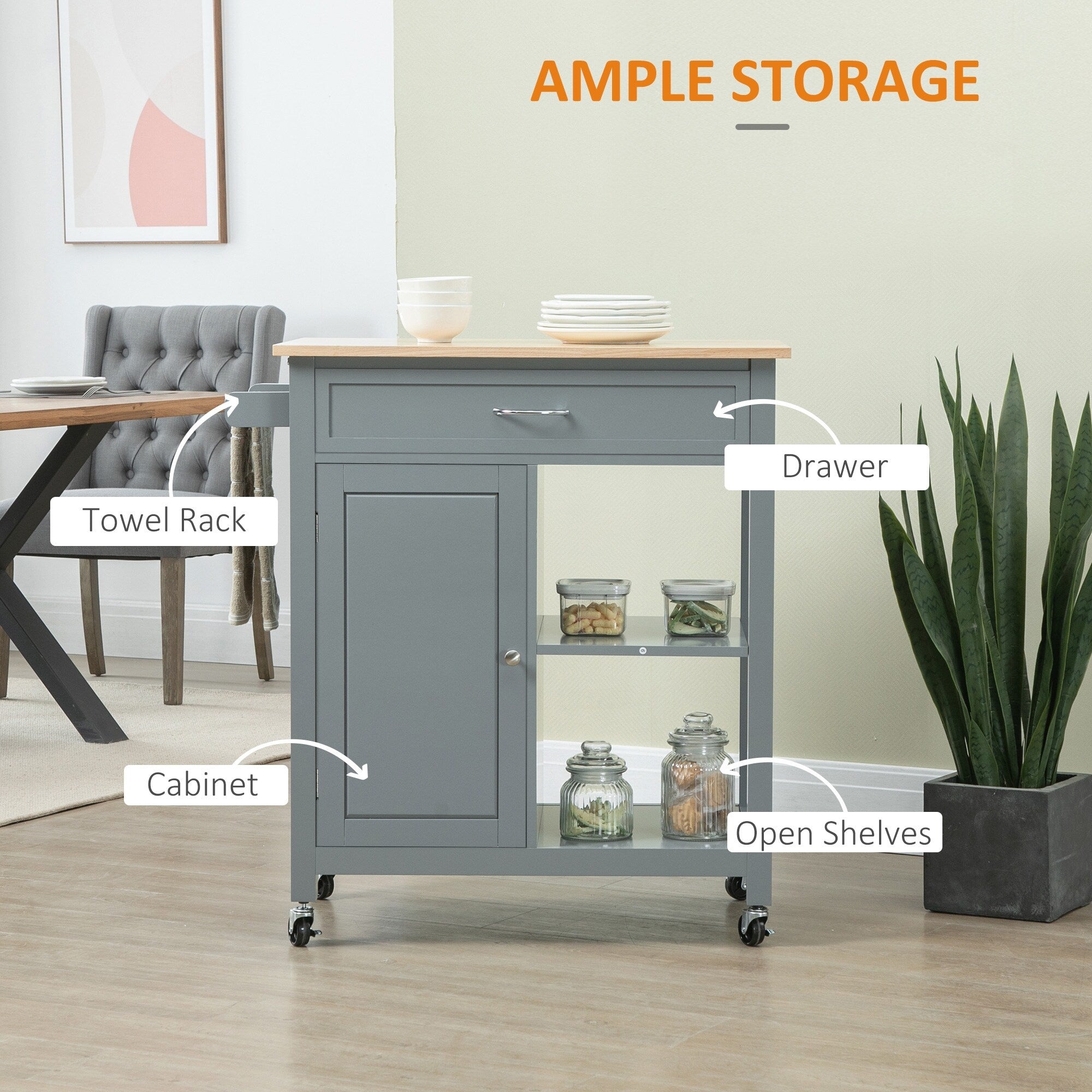 HOMCOM Kitchen Trolley, Wood Top Utility Cart on Wheels with Open Shelf and Storage Drawer for Dining Room, Kitchen