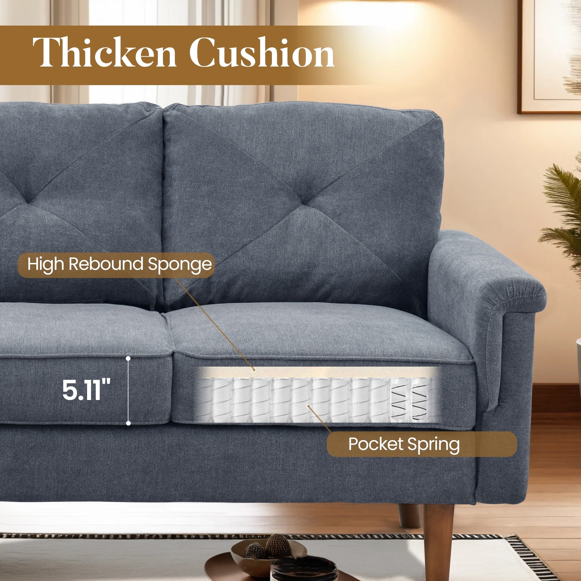 HOOOWOOO Mid-Century 3-Seat Upholstered Sofa with Wood Legs for Living Room