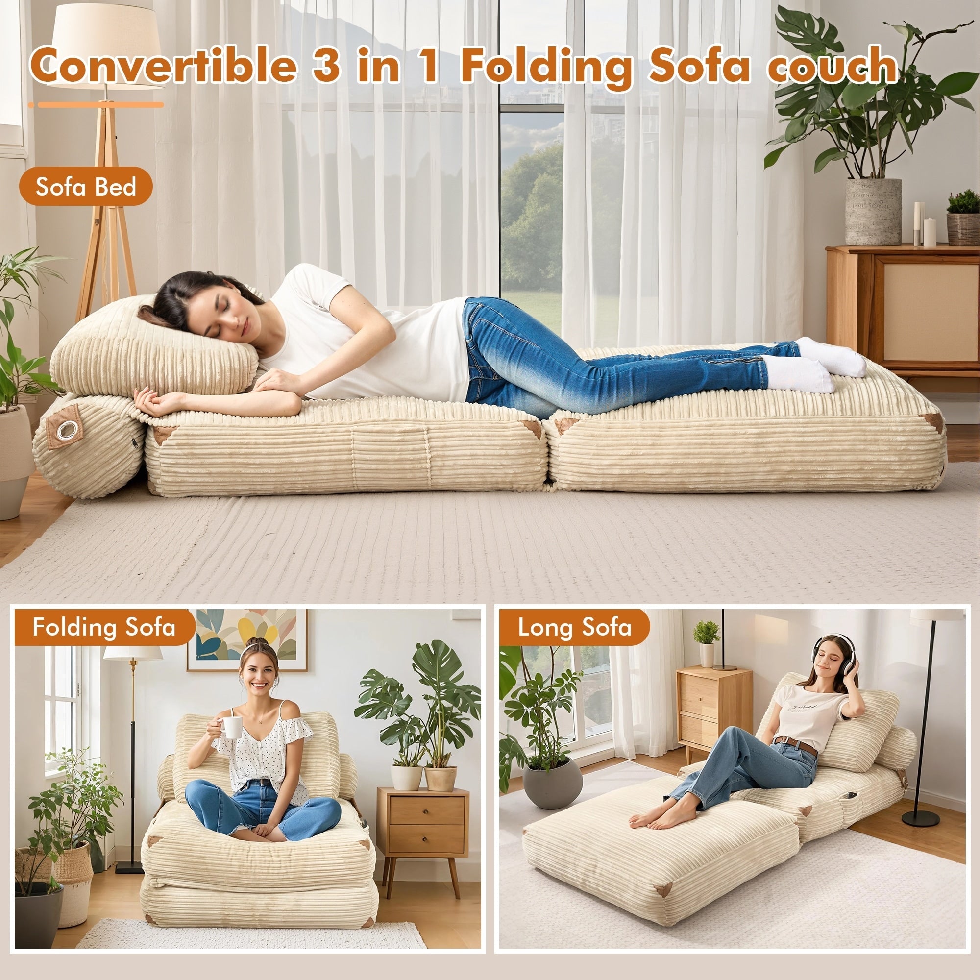 HOOOWOOO Modern Corduroy Fabric Folding Sofa Couch