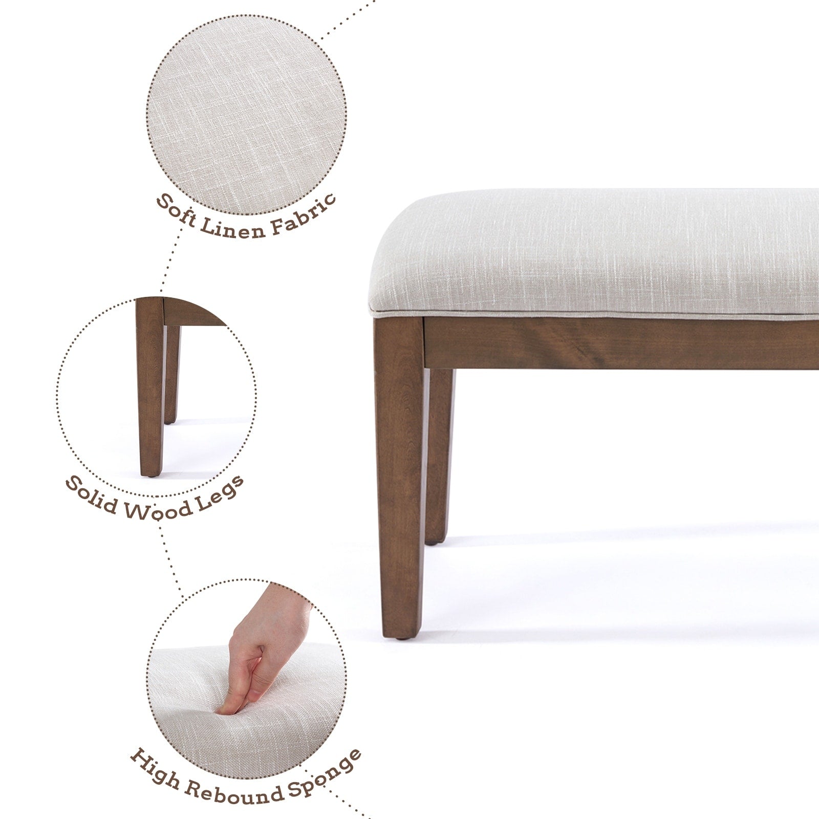 Upholstered Fabric Entryway Bench, Bedroom Bench for End of Bed Beige, Solid Wood 44-inch