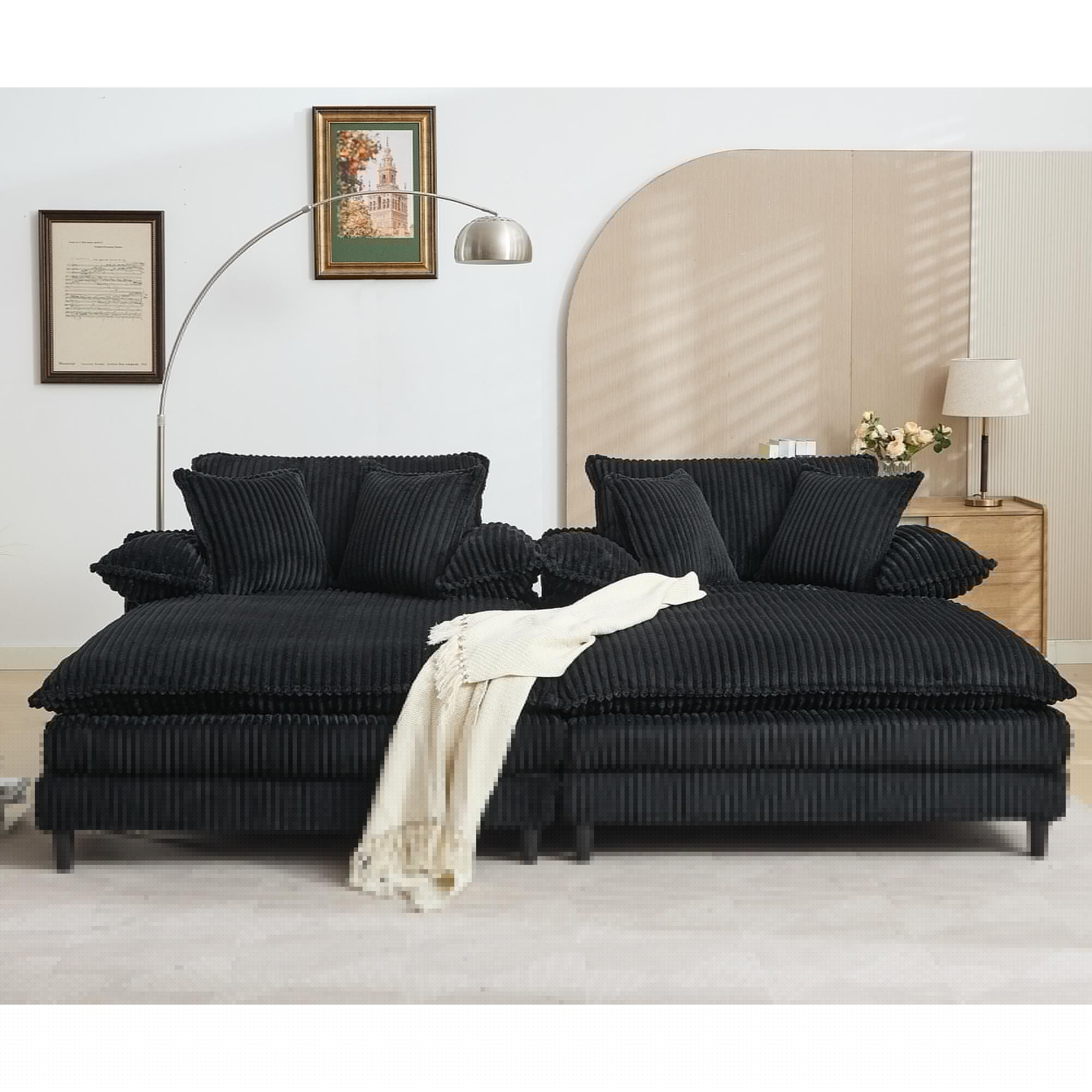 Harmonia 109 W Oversized Corduroy Sofa Bed, Deep Seat Double Lounge Chaise with 4 Pillows