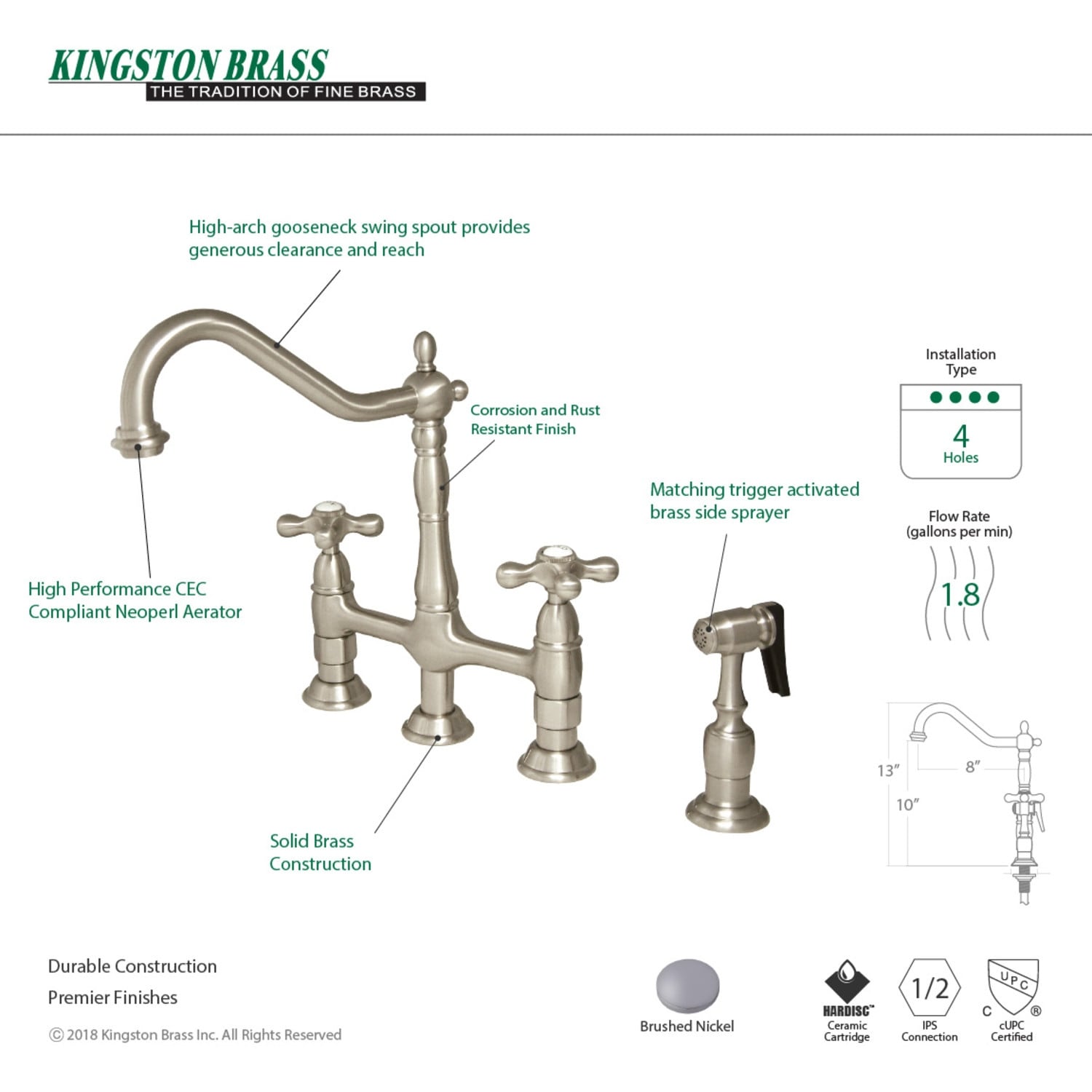 Heritage Bridge Kitchen Faucet with Brass Sprayer