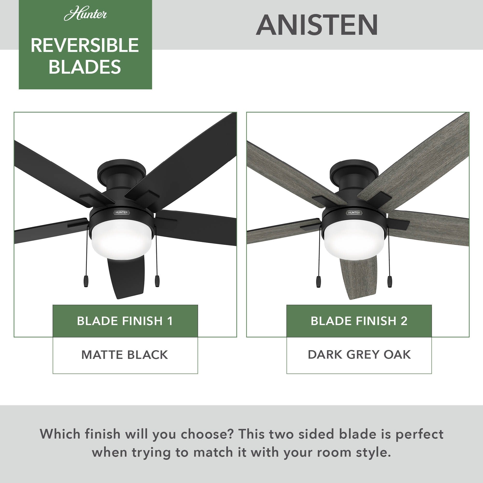Hunter 52 Anisten Low Profile Ceiling Fan with LED Light and Pull Chain - Modern, Contemporary, Transitional