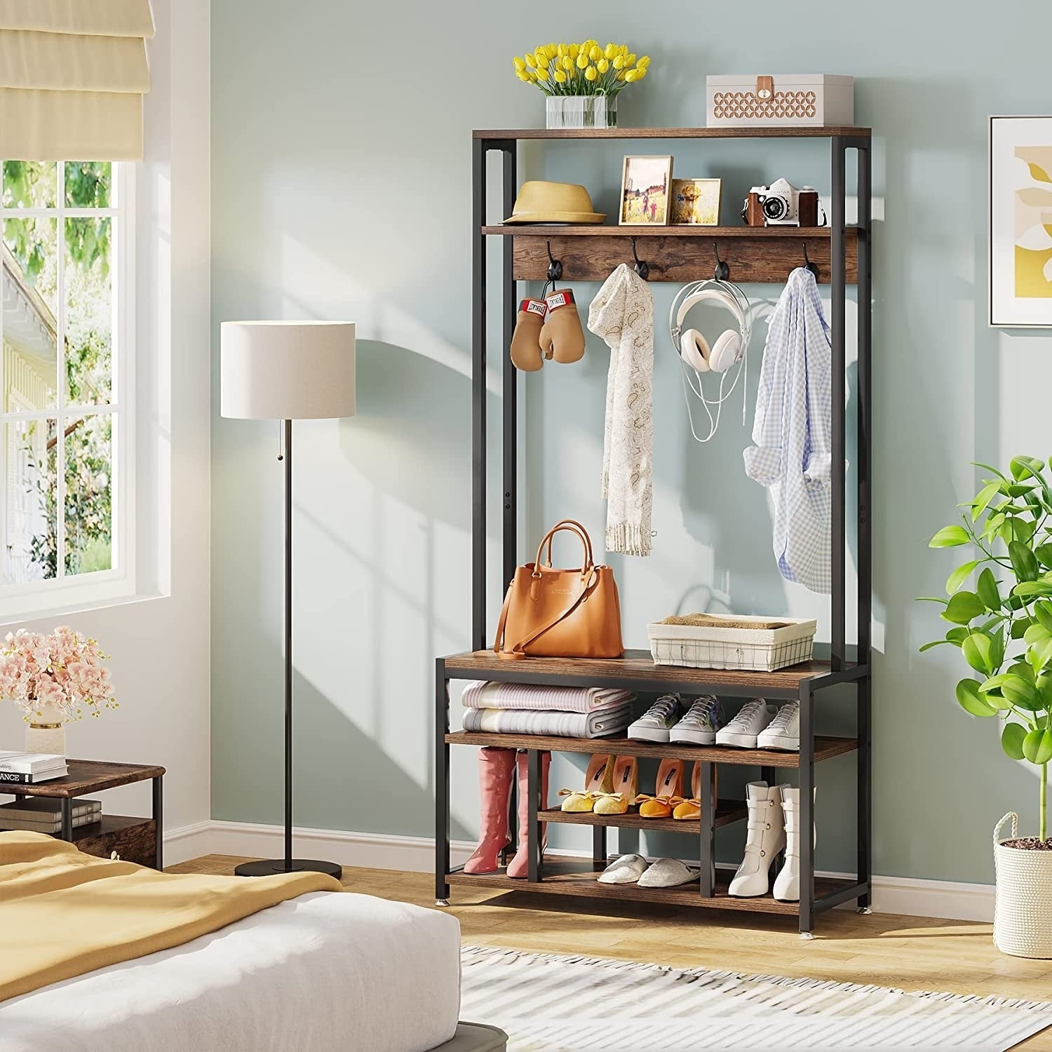 Industrial Hall Tree, Entryway Shoe Bench with Coat Rack Hook and Storage Shelving